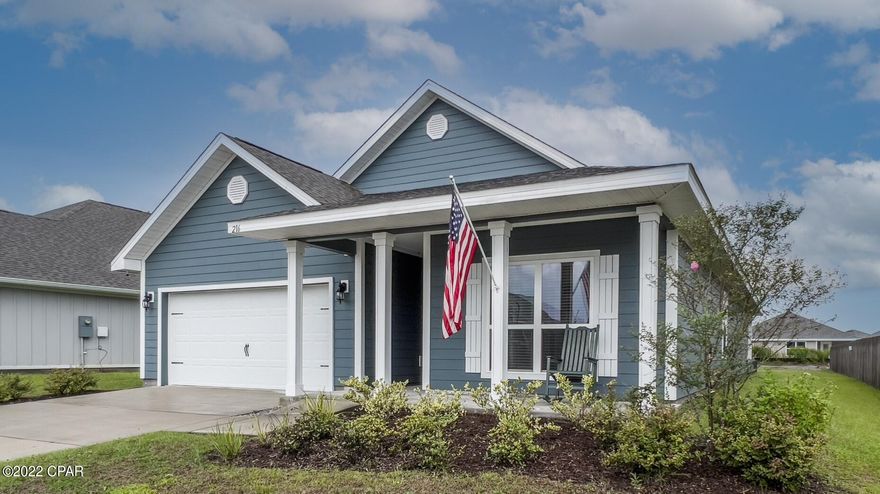 CURRENTLY UNDER CONTRACT, SELLER WILL CONSIDER BACKUP OFFERS Assumable VA mortgage 2.5% Fixed if qualified. Seller offering $5000 closing cost assistance, a 1 year home warranty with a full price offer. Minutes to Tyndall, AFB. the Delray model is a well laid out four bedroom, two bath home with a split floorplan. As you enter this home you will find elegant vinyl plank flooring in the foyer and all common areas of this home including wet areas. Just off the foyer is a hallway on the left where you will find a laundry room and a bedroom with plush carpet.  A hall bath and two more bedrooms with plush carpet are to the right.  The great room is open to the spacious kitchen with center island and granite countertops. The kitchen has a great-room is the master bedroom with ensuite equipped with two walk-in closets, double vanities with granite countertops and a walk-in shower. The Front and rear covered porches are perfect for sipping that morning cup or firing up the grill, all while feeling that cooling breeze from East Bay. This home is equipped with smart home features, an irrigation system, and Hardi-plank siding on all four sides. To top it all off the entire community has sidewalks throughout, a large resort style pool with firepit and pergola for gatherings. So many things to love about this community! Make your showing appointment today!