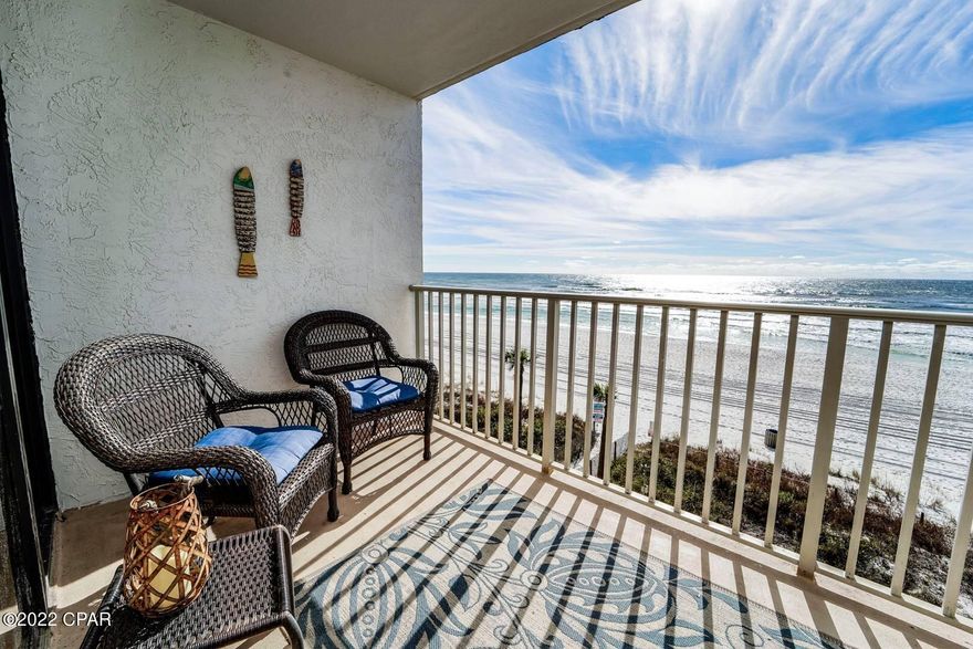 Spacious 3rd floor condo on the sand at popular Edgewater! Beachfront balcony promises sea filled breezes and breathtaking sunsets. Many recent upgrades - removed wall to open up space and enhance view, kitchen ceiling raised 6''. 2020 updates included sliding door glass, base cabinets, door fronts/hardware, granite, backsplash, sink/faucet, stove, dishwasher, microwave, ship lap baseboards, doorknobs, water heater, touch key door lock. LED lighting, fresh paint. Stunning master walk-in shower with marble floors, niche, accent surround, vanity, granite. Hallway transformed using ceiling ship lap, wainscoting. Newer dining chairs, glass tabletop, sofa, loveseat, tile floors. This incredible seaside oasis is the answer to your dreams of a Coastal Lifestyle! Ask for a Cost To Own Estimate. One of the most popular resorts on the beach. Enjoy heated Tropical Pools, Beachside Hot Tubs, Restaurant & Bar, Market, Pizza Shop. Owners play UNLIMITED Golf, Pickleball, Tennis, Shuffleboard. Gym and indulgent Salon Services. Kids Club with Splash Pad, Special Events, Activities Calendar. Secure, manned gated entrances. On-property tram service. Walkable to restaurants, retail, entertainment. On trolley line to Pier Park. Earn rental income when you're not there!