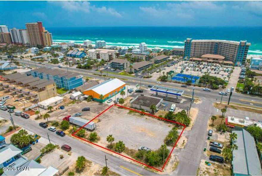Three 50' x 115' lots totaling 0.4 Acres. located at the southeast corner of Upas Street and Beach Drive.----Prime residential and/or Commercial Development Opportunity. Investors, Builders & Entrepreneurs take notice! 🏖️ An exceptional opportunity awaits on Beach Drive in Panama City Beach, just 900 feet from the Gulf of America!  The attached site plan includes five +/-1,800 sq. ft. townhomes.  Location: Short walk to the Beach, surrounded by new construction homes, high-rise condos, restaurants, public beach access, and major attractions Not in a flood zone - despite being only steps from the beach! Excellent for commercial, mixed-use, or multifamily development. Zoning & Development Details: Zoning: C-1 Neighborhood Commercial within unincorporated Bay County. Density: Up to 15 units per acre. Max Building Height: 35 feet. Impervious Surface Ratio: 60%. Floor Area Ratio: 100% Setbacks: 20 ft. front/rear, 5 ft sides. The adjacent Sunny Side Beach Store is also for sale-See MLS #780324
