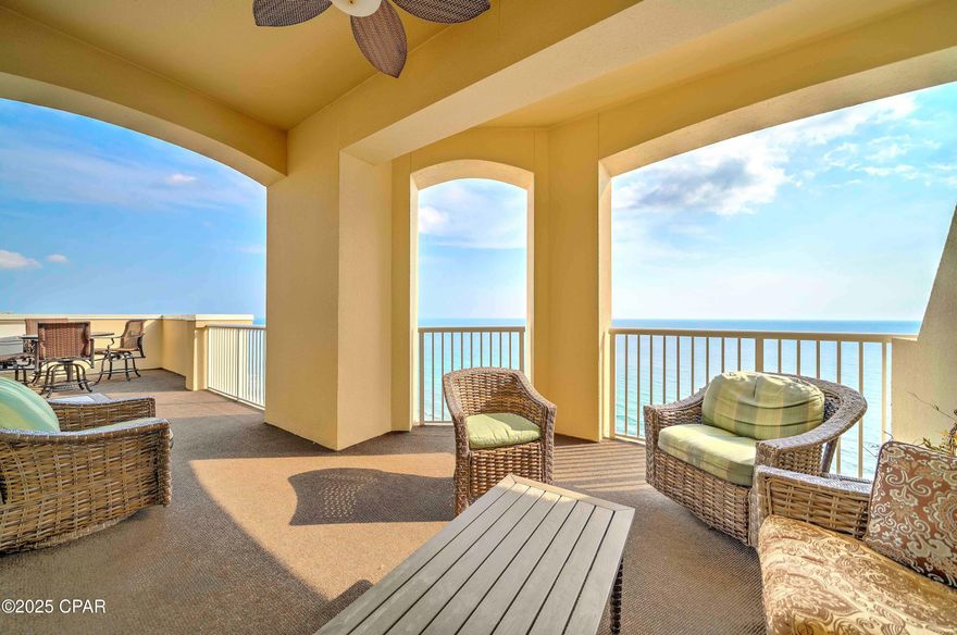 Grand Panama Beach Resort !!

Rare Gulf-Front four-bedroom, three bath, fully furnished PENTHOUSE unit located at Grand Panama Beach Resort offering breath taking views of the Gulf of Mexico. This must-see property comes with an oversized balcony with ample room for two outdoor living areas and dining area offering breathtaking Gulf views, PLUS a private second balcony off one of the guest suites facing east to watch the sunrise over the emerald, green waters! Upon stepping inside, you are greeted by the beautiful tile floors leading into the main living area. The well-appointed kitchen with pantry features stainless appliances, a large breakfast, and a gorgeous backsplash perfect for entertaining guests. The kitchen is open to the living room, dining room and wet bar with wine fridge, that all have panoramic views and lead out to the private balcony perfect for both relaxation and entertaining with friends and family. The spacious master suite has access to the gulf front balcony, ensuite with dual vanities, a separate soaking tub, and a walk-in shower. There is a second master with ensuite, a single vanity, separate tub and walk-in shower located at the front of the unit, and two nice-sized bedrooms on the East side of the penthouse, one with a large East Facing private balcony for guests to enjoy. Even the parking is exclusive with two dedicated parking spaces in the private penthouse garage located under Tower 1! This non-rental unit has been meticulously maintained, and the dual HVAC units were updated in 2021. Grand Panama Beach Resort, one of the most desired resorts in Panama City Beach offers 24-hour security services, 2 resort style pools, with one being heated, beach side tiki bar, large fitness center, onsite general store, onsite bistro restaurant, owner's library, barbeque grills, and level 5 walk over from tower 2 to Tower 1. Don't Miss This Opportunity to Own a Piece of Paradise. Contact Us to Schedule a Viewing Today! Buyers should verify all important information.