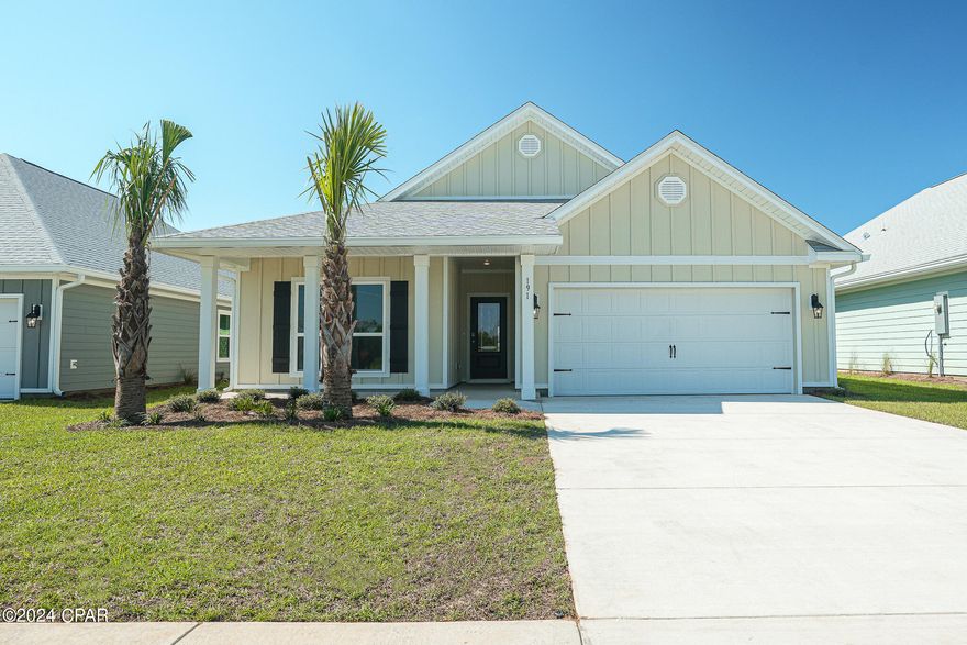 Welcome to Caballeros Estates at Hombre is stunning Panama City Beach. Live the Floridian life in style with just a 10 minute walk to white sandy beaches. This floorplan, The Delray, is a popular Florida Cottage style home that has ample room for everyone to have their own personal space and guests to stay comfortably. As you walk into the home you will be greeted with two bedrooms that share one full bathroom. The gourmet kitchen is a chef's delight, featuring quartz countertops, Ivory painted shaker-style cabinets, and state-of-the-art Whirlpool® appliances, all tied together with smart home technology for ultimate convenience. The laundry room is spacious and offers plenty of storage. There is a fourth bedroom that can also be used as an office space/ flex room/ bedroom next to the laundry room. Tucked in the back of the home is the primary suite which includes a spacious bathroom complete with 2 large closets and a dual sink vanity. This home is designed with comfort in mind, from the ceiling fan-ready rooms to the LED lighting, ensuring a serene and modern living experience.