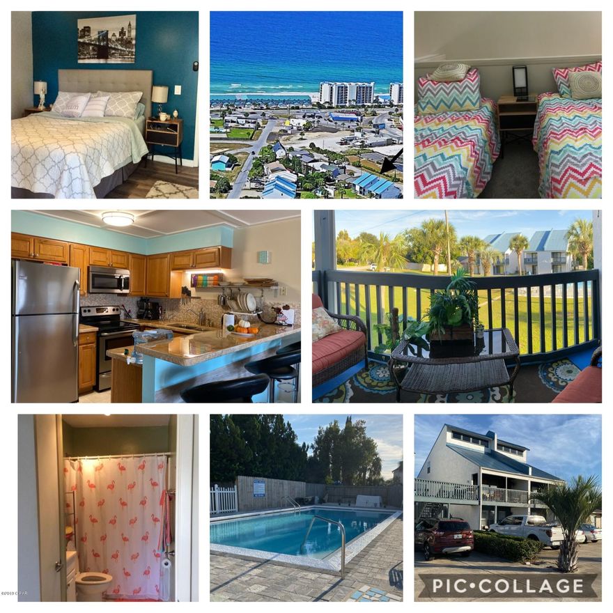 Updated 2BD/2BA Townhome Style Condo. Upstairs Unit with 2 stories in unit. Master Bedroom has Balcony overlooking pool & greenspace. Upstairs loft bedroom with its own Full Bath. Both Baths have new motion sensor toilets.  Entrance has a large Balcony with a slight view of the Gulf of Mexico. New HVAC 2019. Metal Roof 2017 as well as outside of building Redone. Remodeled Kitchen Cabinets, Backsplash and Countertops, Coffered Ceilings, Stainless Appliances, Beachy Paint, Updated Flooring Throughout, 2 Updated Full Bathrooms and a newly resurfaced Pool Deck. 6 minute walk to beach access #65. Long or Short term rentals allowed. Fully Furnished Including 2 Smart TV's. Turn-Key Ready...Just bring your Bathing Suit and Toothbrush! $370 a month HOA fee.