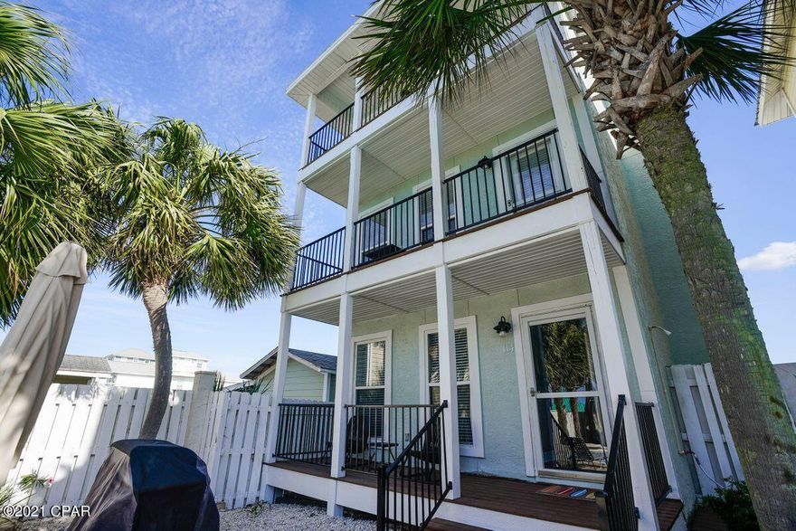 Ideally located in Sunnyside on the west end of Panama City Beach, ''Anchors Away'' is the perfect rental investment. This property offers ample proven rental returns with +$65K rental revenue this year. The home is characterized by exceptional outdoor living space and beautiful gulf views from both the second and third floors. With direct access out the back door to the community pool which is shared by only 4 homes and feels more like a private oasis. Home has a new roof, new water heater, new outdoor decks, new exterior paint, and LVP flooring throughout. This home is located just across the street from the Beach Access and minutes to Pier Park, Frank Brown Park and area shopping and attractions.