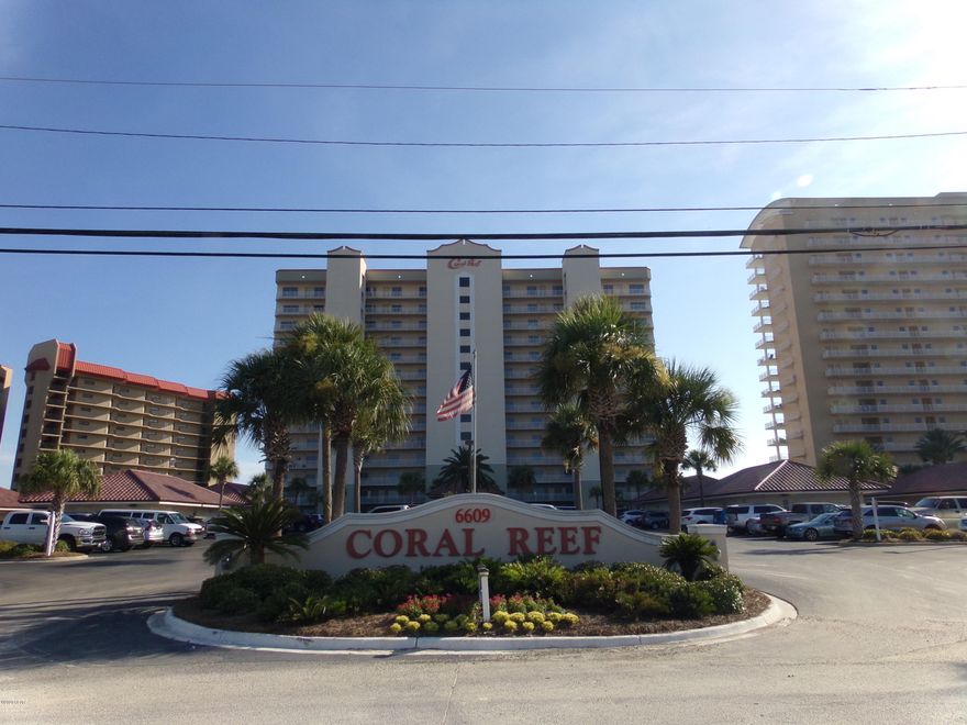 .CORAL REEF CONDO is a beautiful well maintained complex with one of the best reputations on the beach affording its owners and guests the best in amenities, a great central location, and superior construction and floor-plans. This two bedroom, two bath unit unit is not a rental  and it shows it. Crisp and clean is the best way to describe it, just waiting on a new owner. This unit has a large oversized kitchen with plenty of counter and cabinet space, along with a large pantry and storage room.   All GE Profile Appliances. Adjoining it is a nice sized breakfast room, (seldom seen in area condos). Both bedrooms are oversized and each has its own bath. The master bedroom looks out over the beautiful gulf waters and white sandy beaches. An extra-large walk-in closet adjoins a dressing area. Each vanity area has it own cabinet area. Next to that is the rest of the bathroom with another vanity and cabinet area.  The owner has updated with a nice tile shower & jet tub combo.. The large breakfast bar will accommodate four stools and the dining room area is large enough for a oversized dining table. The spacious living room area gives you plenty of room to spread out in and opens up onto the gulf-front balcony. Since this unit is on the top floor it has the extra high ceilings as well as decorative crown molding throughout the whole unit.  Custom drapes and plantation shutters for window treatments.  The unit has been freshly painted and had its air conditioner replaced in 2019.  Sit inside or out and watch the pelicans glide by close enough to touch or schools of fish or dolphins swim by. The balcony has been tiled and is large enough for multiple chaise lounges and table sets. Coral Reef is located close to town, St. Andrews State Park, the fishing and dive fleets, and many of the areas best known restaurants and shopping venues. Grocery Stores are also conveniently located close by. This unit with a highly coveted private garage unit, (another rarity on the beach). Onsite amenities include two pools, one which is heated in the cooler season, covered dropoff and pickup, a relaxing lounge area, onsite HOA and Rental Offices, etc. A large covered Gulf Front gazebo rounds out the amenities and is a perfect place to watch the family at the pool or beach from, read a book, or have a snack at. Come make CORAL REEF your "FUN PLACE AT THE BEACH".