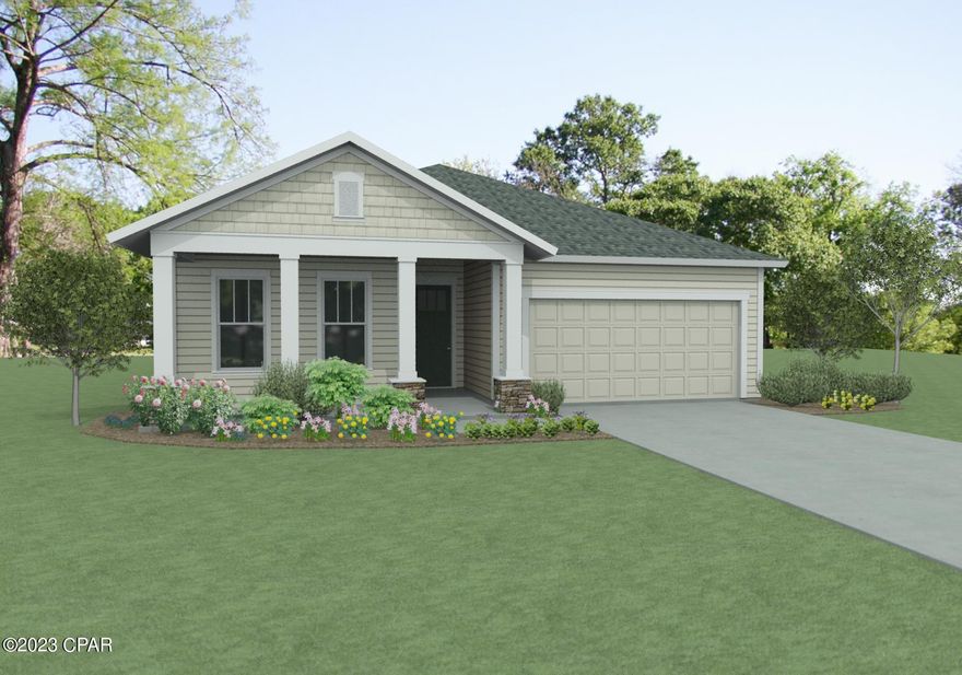 Nearly completed in the Breakfast Point East community, this Sand Dune plan from Samuel Taylor Homes is a spacious, open-concept design with just over 2,000 square feet of conditioned living space. This home offers 3 bedrooms plus a separate study or flex room, 2 full size bathrooms, a 2-car garage, and a 10'x24' covered back porch with beautiful views of a large pond. The wide open living room, dining room, and kitchen area is filled with natural light and provides plenty of space to entertain. Luxury kitchen finishes include a large island, quartz countertops, white shaker style cabinetry with under-cabinet lighting and upgraded hardware, tile backsplash, and Frigidaire® Gallery stainless steel appliances. Additional features of this home include upgraded crown moulding and trim, luxury vinyl plank flooring in main living areas, high grade carpet in bedrooms, tile flooring in bathrooms, impact-rated windows and doors, spray foam insulation, and an upgraded primary bathroom with separate tiled shower + garden bathtub and large walk-in closet. All new Breakfast Point East homes built by Samuel Taylor Homes are designed to withstand up to 160MPH winds with structural steel framing. Estimated completion date for this home is this June! Visit our model home open daily at 806 Breakfast Point Blvd.