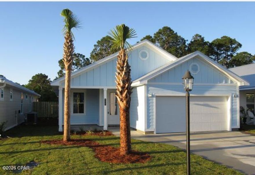 **More pictures coming soon**. Beautiful home located on a low traffic quiet cul-de-sac road , featuring an open floor plan with 9-10 foot ceilings and doors throughout. Built for durability and efficiency with hurricane-rated walls and windows, metal roof, and double-pane windows with storm fabric. The kitchen offers shaker-style cabinetry with an accent island, quartz countertops, and stainless steel appliances. Bathrooms showcase tiled showers and quartz-topped vanities. Plank vinyl flooring runs throughout the entire home.
Enjoy the outdoors with a sodded yard, sprinkler system, fenced backyard, and a backyard shed -- perfect for extra storage. Transferable termite bond with Arrow Pest Control available. Conveniently located just minutes from the beach and approximately 7 miles from Pier Park, offering shopping, dining, and entertainment close by. All information is deemed reliable but not guaranteed. Buyer to verify if important.