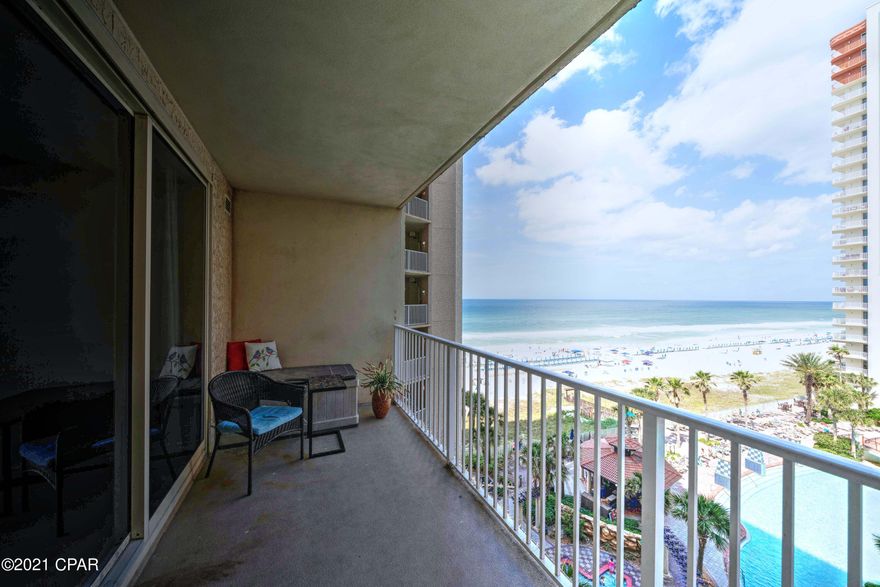 CURRENTLY UNDER CONTRACT, SELLER ACCEPTING BACKUP OFFERS Great Sunset views and deeded parking spot on your same floor with this Shores of Panama condo in Panama City Beach! Enjoy a 7th floor parking spot and walk right to your condo with no elevator!  This condo is a great rental and you are stepping right into peak rental season to maximize your investment!  Great master bedroom, bunk room, 2 full baths, spacious balcony, new floors. The Shores of Panama offers incredible amenities that include gulf front pool and hot tub, large heated indoor pool and hot tub, fitness center, spa, sauna, steam room, 2 tiki bars serving lunch and dinner, kids club, covered parking and more!  Booked solid all summer! Rentals on books must be honored until Aug 7 with current manager. Call today! Please veri