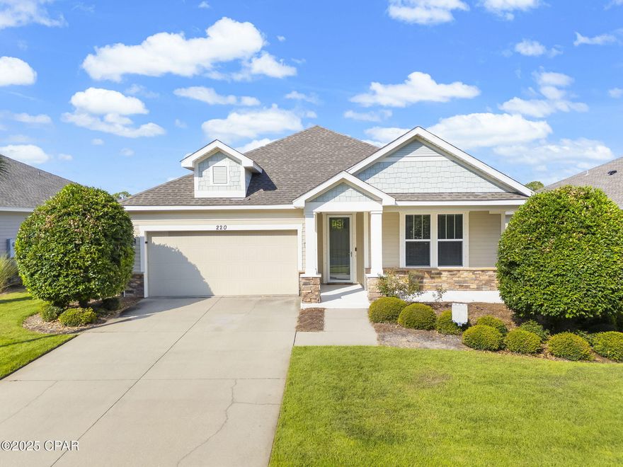 Back on the market with a BRAND-NEW ROOF!
Discover your dream home in the highly sought-after Whisper Dunes Community, where coastal elegance meets practical living. This stunning three-bedroom, two-bathroom residence showcases the popular Bonita Floor Plan with distinctive Craftsman elevation, delivering 1,604 square feet of thoughtfully designed living space.

Built by renowned Samuel Taylor Homes, this property exemplifies superior craftsmanship and attention to detail. The heart of the home features a spacious open floor plan flooded with natural light through large windows in both living and dining areas. The gourmet kitchen boasts stainless steel appliances, oversized 36-inch wood cabinetry with crown molding, and elegant granite countertops that would make even the pickiest chef smile with approval.

Throughout the home, you'll appreciate designer carpet in main living areas and bedrooms, eight-foot two-panel Craftsman interior doors, and brushed nickel fixtures and faucets. The full bathrooms feature raised vanity heights and large tile flooring, while the laundry room maintains the same quality finishes.

Constructed with two-by-six exterior walls and a hurricane tie-down anchor system, hurricane rated garage door, and hurricane window coverings. This home prioritizes both durability and safety. The exterior showcases beautiful coastal and Craftsman architecture, complemented by a spacious two-car garage and low-maintenance aluminum fascia with vinyl soffits.

Whisper Dunes offers exceptional community amenities, including a beautiful pool and cabana, sidewalks, and professional lawn maintenance through your homeowners association dues. This golf cart-friendly neighborhood provides convenient access to pristine beaches, popular restaurants & shopping destinations, like pier park, the airport, and the scenic South Walton area. Experience comfortable living in this must-see home that perfectly balances style, quality, and location.