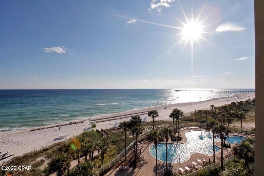 Grand Panama Luxury Beach Resort,. Tower 1- 1606. One of the most desired Resorts in all of PCB. This Resort is owned and operated by the homeowners.  Gorgeous views on this beach side balcony. No carpet. Newer furniture , newer HVAC system.  2 bed 2 baths with a sleeper couch in the family room. Turn key furnished and rental ready . Permanet residence or a rental cash machine. Recently freshly painted, This is a very desired height level. Not too high and not too low. General Store onsite, Fitness Room, 2 pools -hot tubs, Tiki bars,