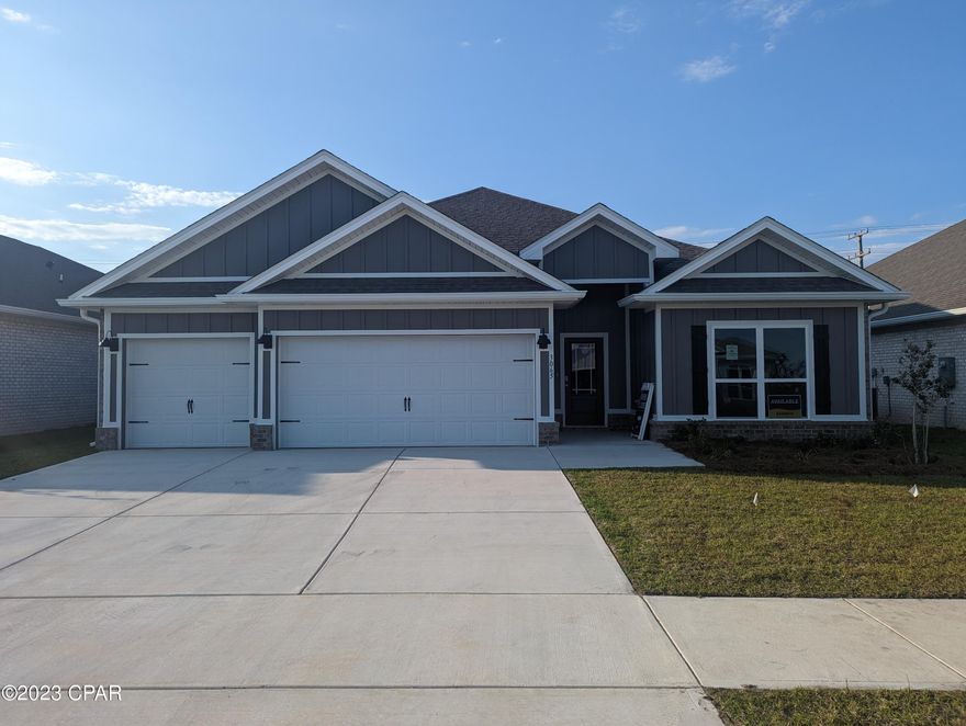 The Destin is a spacious one-story, four-bedroom, three-bathroom, three-car garage floorplan. As you enter this home you are covered by a small front porch and walk into a foyer. 

This is a nice Split floor plan with the home's first two guest bedrooms and one guest bathroom off of the foyer. If entering through the garage, you will walk directly into a spacious laundry room and then into the home's kitchen and living room area that has a nice Open Concept, with the center kitchen island with a sink, which is very convenient for watching TV and entertaining your guests while cooking. 
The home has 9' ceiling throughout the house with lovely trey ceilings in the large Living room and Main Bedroom. 
The kitchen has an upgraded Gourmet kitchen, meaning it comes with a separate stainless-steel cooktop/wall oven/ wall microwave/hood vent and a dishwasher. There is also a large walk-in Pantry and you have cabinets on both sides of the kitchen island for extra storage as well. 
Towards the back of the home are the third guest bedroom and the guest bathroom. The Main first bedroom is located away from all of the bedrooms, in the back corner of the house, giving you more privacy. 
Main Bathroom has a double vanity, walk-in closet, a separate Garden tub and a separate Shower with a Glass door. There is also a Window in the Main Bathroom, giving you plenty of natural light!
All countertops in the kitchen and bathrooms are granite, flooring in all the main and wet areas is the Luxury Vinyl Plank and there is carpet in all bedrooms. 

LOT:
This home already comes with Gutters, Irrigation System and 6-foot Privacy Fence. 
The Lot is 0.169 of an acre with 60' in Frontage and 123' in Depth, giving you around 35' of the Back yard. 
The driveway is large, considering it is a 3-car Garage home, giving you plenty of parking space. 
Sod is done for the whole lot, front, back and sides, also with some nice landscaping with shrubs upfront. 

AREA:
Hodges Bayou community is located off of HWY 77A (also called HWY 2321), which is conveniently located between 2 major Highways 231 that can lead you to Panama City, Bayou George, Callaway, Youngstown, Fountain, Cottondale and Marianna, and HWY 77, which can lead you to Lynn Haven, Panama City, Panama City Beach, and also Vicksburg, Sunny Hills, Econfina Creek, and Chipley. 
Main grocery stores are just 11 minutes' drive (4.3 miles), however there are also plenty of convenient stores within 4 minutes' drive as well. Northwest Florida Beaches International Airport is just around 19 minutes' drive (15 miles), 20 minutes (12 miles) to Downtown Panama City, 18 minutes' drive (10 miles) to Gulf Coast Medical Center, 25 minutes' drive (11 Miles) to Sacred Heart, 30 minutes' drive (12 miles) to Tyndall Air Force Base,  
Panama City Beach is just around 35 minutes' drive, Econfina Creek is just around 30 minutes' drive, however there is a public Boat Ramp with a little local Beach rest area with picnic tables and a playground right off of HWY 77A, which is just 1 minute drive! The community itself has its own Playground area for your kids, which is conveniently located further away from the main Highway. 
Lynn Haven Bayou Park and Preserve is located just around 3 miles away, that has gorgeous nature trails, playground areas and a nice beach as well!