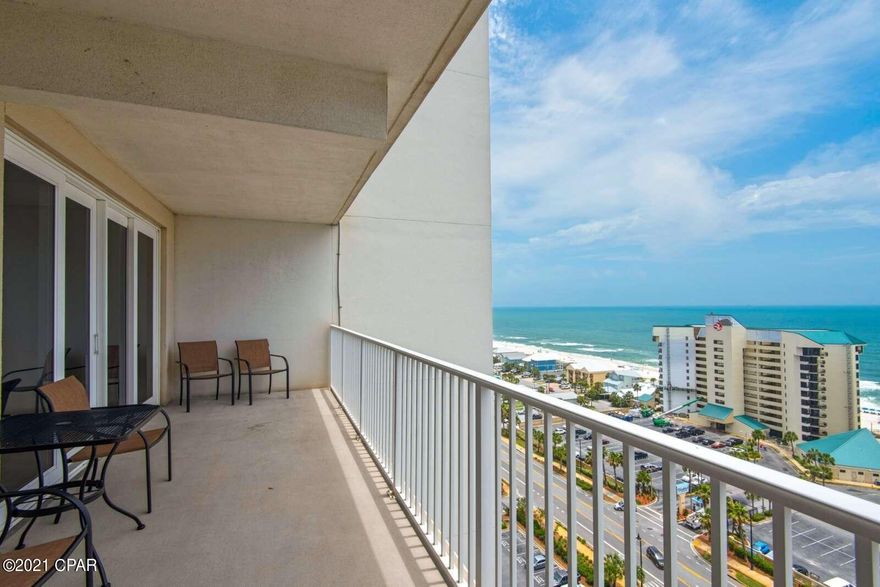 Spacious turn key 2bed, 2bath PLUS bunk room that sleeps 8plus with GULF VIEWS!! Some of the largest units & balconies in PCB. Bedrooms are large and Master bedroom boasts ample space with gulf views! Master bath boasts large garden tub and walk in shower. Washer/Dryer, Frig, Water Heater, Microwave & TV are all- one year old! Balcony is huge for enjoying Florida living and gulf views. Amenities including 5 pools, 2 hot tubs, putting green, large fitness room overlooking the Gulf, light show nightly at 8pm.  Three great Restaurats downstairs with live music!! It's within walking distance to shopping and Restaurats. 3 Public Beach accesses directly across the street. All measurements to be verified