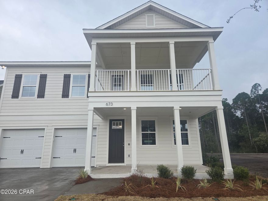 The Madeira plan by Harris Doyle Homes, offered in Breakfast Point East, has it all! A front porch and balcony overlooks a lake, while the rear porch and primary bedroom balcony overlook a conservation area! The welcoming foyer is adjacent to a formal dining room. The open great room connects to the casual dining area and island kitchen with stainless appliances, quartz countertops and tile backsplash all included. The primary suite is massive with a private balcony overlooking a conservation area, spacious bath including tile-to-ceiling shower, dual vanities and walk-in closet. The front loft balcony takes in sweeping lake and conservation views. Three additional bedrooms off the loft with two having views of the pond. The Madeira includes an attached two-car garage, large covered front porch and expansive rear covered patio with a large backyard with plenty of room for a pool!  Breakfast Point East is a walkable and golf-cart friendly community. New home plans available to be built from $432,000!