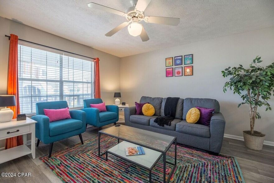 Re energize at the beach in this 1 bed/1 bath condo with bunks that is well appointed for your every need. The bedroom features a king bed with a private balcony, large closet and stackable washer/dryer. Cook in if you like after a day on the beach or pool, then enjoy the sunset on the welcoming front porch. This condo is located just steps from the emerald coast beaches, short drive to Pier Park, 30A and Frank Brown Park. Don't let this one go! Age, Sq.Ft., Room Dimensions, Schools, Taxes, or any important information is only an estimate and must be verified by the buyer via personal/professional inspections if important.