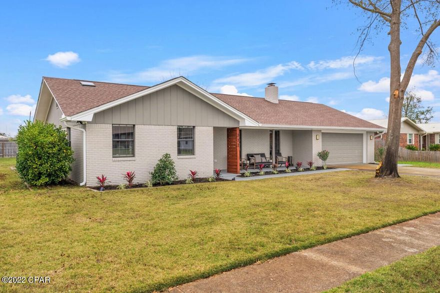 Brand New Roof and Hot Water Heater. Easy to show, Open floor plan in Lynn Haven. Professionally and completely renovated. Functional kitchen features new cabinets, new granite countertops, new appliances, breakfast area, pergola covered patio. The spacious living room with vaulted ceiling, exposed beams, new light fixtures, recessed accent lights, and a custom fireplace. Spacious Master Suite features vaulted ceiling, exposed beam, His and Her closets with built-in organizers, en suite bathroom with large format tile shower, glass sliding door, and upscale double vanity. The guest bathroom features a new soaking tub, premium grout-less wall surround, LED light fixtures, and a beautiful double vanity. FL room w/closet can be 4th Bedroom. Home features Ring doorbell, smart digital lock. Ecobee Smart Thermostat, HVAC less than 3 years old, all LED lighting throughout.