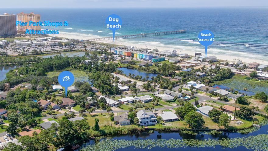 LOCATION, LOCATION, LOCATION! Just a hop, skip and jump to the beautiful beaches, dog beach & Pier Park! The private residential neighborhood is nestled behind  Pier Park. Walk to dinner or a movie, listen to the bands play on your own covered patio or mosey through the quaint community to the back entrance of the amphitheater to check out the live music. The 3 BR/1 BA home is situated on a large lot with plenty of room for a pool. Open floor plan with kitchen overlooking the living and dining area. All appliances convey; Large updated bathroom with option to add another; Tile floors throughout; Nice sized bedrooms, and bonus living room on back side leading to the covered patio. Fenced yard; Garage with lots of extra storage for golf cart and car; Laundry room w/ Washer/Dryer in covered carport large enough to store paddle boards/kayak; There's plenty of storage and tons of interior space in this deceivingly quaint beach house! Newer HVAC system; This is a turn-key property! **Furniture package available, inquire about pricing.