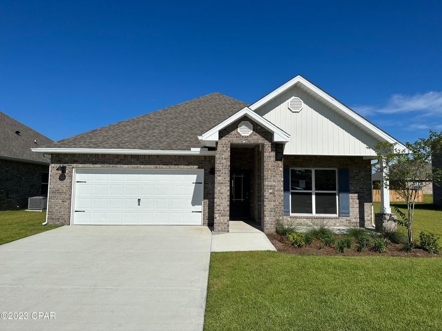 Andrews Park is centrally located off 389 in the very desirable area off Lynn Haven. Our Rhett floorplan is all brick, 4-bedroom 2-bath, it is an open concept floor plan, with a boasting 1,835 sq.ft. The Rhett floorplan has upgraded finishes throughout. You will find 9-foot ceilings with 10-foot trays and beautiful crown molding. The Rhett also has LVP flooring, granite countertops, a large kitchen island with cabinetry on both sides underneath and brushed nickel hardware. This floorplan has energy efficient windows to allow lots of beautiful natural light. The primary bathroom has a beautiful garden tub, perfect for relaxing, and a spacious walk-in shower with a glass enclosure. All of these homes come with Deako lighting and Safe Haven smart home systems. Andrews Park homes feature irrigation systems with reclaimed water to help minimize your water expenses. All homes come with a landscaping and sod package as well as gutters.