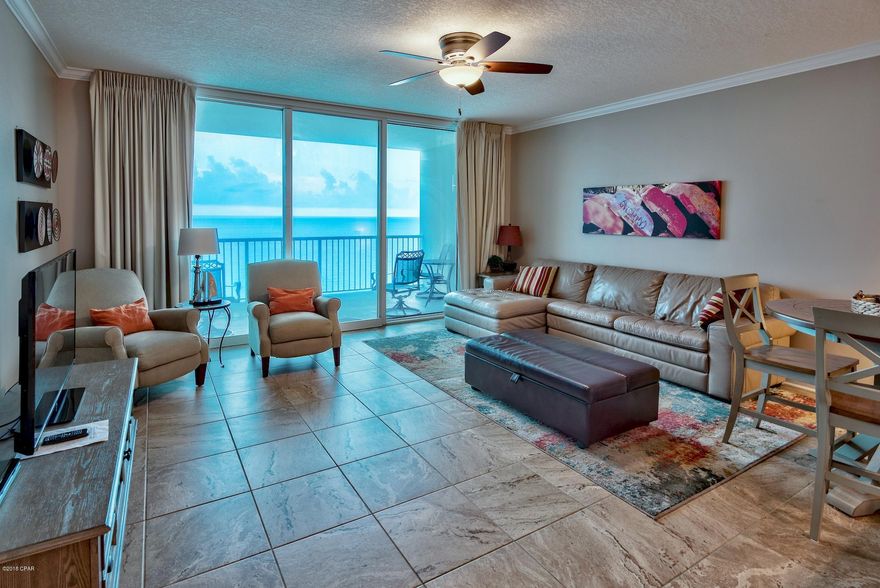This is the ONLY 1-bedroom unit available at Palazzo and it will not last long! Unit #1105 is a beautifully updated fully furnished 1BR/2BA Gulf front unit with an additional bunk room. This floor plan is larger than most 1-bedroom units offered in Panama City Beach, totaling 1,026 square feet. This unit has been fully updated with tile floors throughout, which is ideal for a beach condo - easy maintenance! There is an added mosaic tile backsplash in the kitchen for a decorative touch along with stainless steel appliances, granite countertops & breakfast bar and beautiful hardwood cabinets. Interior also features raised ceilings (9 ft.), crown molding & an open floor plan. Experience spectacular views of the Gulf of Mexico from your balcony, living & dining area and kitchen. Floor to ceiling windows & doors truly maximize the views and bring the outside in. This unit is being sold fully furnished and decorated - turn key investment! Enjoy the generously sized 170 sq. ft. balcony. and feel the cool breeze, hear the waves and unwind. With 4 levels of underground parking this unit has 15th floor elevation. The master bedroom also offers tile flooring, trayed ceiling and an ensuite master bathroom. The bunk room and additional guests is perfect for guests! There is also a stackable washer & dryer and included storage room - which is rare for the 1-bedroom units. Have an easy place to keep your beach gear without brining the sand to the unit. This will make a great rental investment, second home or perfect full-time resident, as this is a lower density building for Panama City Beach. 

Palazzo amenities include an elevated Gulf side pool, hot tub along with a boardwalk and designated beach with complimentary beach service (Mar-Oct). The fitness facility and on-site lobby is Gulf front and there is a meeting room available. The HOA is established and does a phenomenal job of keeping the building maintained. At Palazzo, you are on the desirable West End of Panama City Beach just 1 mile from Pier Park shopping center and less than 20 minutes from the Panama City Beach International Airport. Unlike the competition, Palazzo is a low-density building consisting of only 129 direct Gulf Front units and has four levels of covered Gulf Front parking under the building - no need for massive parking garages with elevated walkways across the street. Do not miss out on this incredible opportunity to own an affordable 1-bedroom unit at one of the finest condominiums in Panama City Beach!