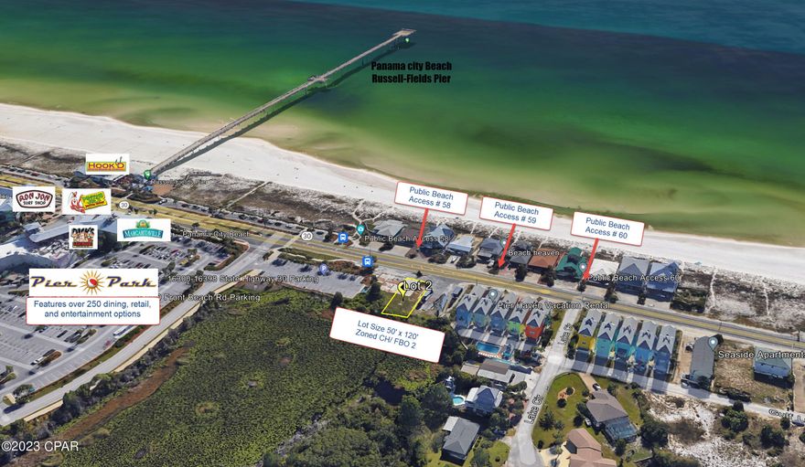 Seize the opportunity to build your dream coastal home on this premier Gulf-view lot in Panama City Beach, FL. Offering expansive views and an unbeatable location, this 50 ft by 120 ft property is a rare find, perfectly positioned for those who desire the ultimate beach lifestyle. Just steps away from the white sandy beaches via Public Access 59 and in walking distance to the bustling Pier Park and City Pier, this lot is at the heart of Panama City Beach's most sought-after attractions.

With zoning CH and located within the FBO-2 overlay district, this property uniquely supports the construction of a luxurious residence of over 5,000 sq ft and up to 45 ft in height, allowing for short-term rentals.  Envision a spacious multi-story home that offers ample room for family, guests, and entertaining, all while maximizing the breathtaking views of the Gulf of Mexico.

This lot presents a once-in-a-lifetime chance to custom-build a sprawling beach house in one of Florida's most coveted locations. The potential to create a home that not only embraces the coastal environment but also offers the space and design to reflect your personal style and needs is unparalleled. Whether you dream of a grand family estate, a sophisticated retreat, or a show-stopping architectural masterpiece, this property provides the foundation for a spectacular residence where you can enjoy the best of Panama City Beach living.

Don't miss this exceptional opportunity to own a piece of paradise, where luxury meets the laid-back charm of beachside living. This is where your vision of a Gulf-front lifestyle becomes reality, set against the backdrop of one of the most beautiful beaches in the world.