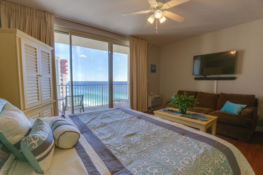 GULF-FRONT, BEAUTIFUL & BEACHY, one-room studio/efficiency with full kitchen & stackable W/D.  GORGEOUS views of the Gulf from inside as well as from the large balcony.  Fresh paint, new beach decor, brand new water heater, Large flat screen TV w/ JBL Soundbar.  Approx $3000 in rental bookings will convey with sale.  Check with your agent for updated amount as bookings continue to come in. Rental ready or come down & enjoy it yourself. The Shores is famous for the large lagoon-style pool, separate indoor heated pool, spa, snack bar, exercise room, kids game room & so much more. And no parking across the street - Shores has an attached parking garage.  (Bedspread, sheets & towels do not convey; owned by Rental Mgmt Co).  All measurements approx; re-measure if important.