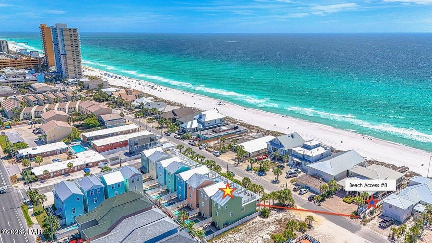 Luxury Gulf-View STR Investment Retreat with a Private Pool & 20 steps to Beach access.

Opportunities this close to the Gulf with this level of walkability, capacity, and rental appeal are limited.

Prime Location.  High STR Demand. Direct Gulf access with Private Pool.  Investment-Grade Coastal Living.

This is as close as you get to having the BEST of the BEST compared to any other.

This exceptional 4BR/3.5BA Gulf-View coastal retreat offers a rare blend of refined beach living and high-performing investment potential--just 20 steps from the sugar-white sands and emerald waters of the Gulf.

Welcome to a luxury property designed for those who expect more:  Privacy, Proximity, and more return on lifestyle and short-term rental investment income potential. 

What truly sets this property apart is its rare proximity to the sandy Beaches--guests can step out the door and be on the beach in seconds.  Combined with panoramic Gulf views, outdoor dining spaces, and a highly desirable layout, this home consistently checks the boxes that will drive higher nightly rates, strong occupancy, and repeat bookings.

- Perfect vacation rental appeal with accommodations for up to 12 guests comfortably.
- 20 Steps away from beach access (#8) with direct Gulf Views
- Private pool with LED lighting at night (seasonally heated)
- Walkable to beachfront dining including Schooner's beachfront Restaurant.
- Minutes to St. Andrews State Park, Shell Island excursions, incredible dining, entertainment & all that Panama City Beach and 30a has to offer.
- Strong appeal for short-term rental investors, second-home buyers, or luxury vacation ownership
- Parking for up to 4 vehicles

Designed for comfort, scale, and seamless indoor-outdoor living, this three-level home offers multiple entertaining zones, private retreats, and elevated Gulf-facing outdoor spaces.

FIRST FLOOR:  Entertain & Unwind

A spacious open-concept layout anchors the home, featuring a large living area, dining space, and a fully equipped kitchen designed for hosting and comfort 

Ground-floor bedroom suite with private pool access.  Full bath with dual access (guest + ensuite).  Expansive laundry room with owner lockout storage.  Direct access to private fenced pool, grilling, and lounge area.

SECOND FLOOR:  Elevated Comfort

Primary Suite with king bed, Gulf-facing balcony, dual walk-in closets, a large ensuite bath with a spa-inspired jacuzzi bath featuring soaking tub, and separate walk-in tiled shower.

Additional guest bedroom with bunk configuration (ideal for maximizing occupancy and rental revenue), full ensuite bath with abundant storage throughout.

THIRD FLOOR:  Premium Experience Level

A standout feature for both lifestyle buyers and rental performance:

Oversized 3 bunk suite + sleeper sofa.  A mini wet bar and a mini fridge for convenience and entertaining.

Expansive Gulf-View Terrace designed for sunset dining and elevated outdoor living.

This upper-level balcony delivers the ''million-dollar view'' experience--panoramic Gulf vistas, coastal breezes, and unforgettable sunset exposures that will drive both guest satisfaction and repeat bookings.

Morning coffee with ocean air.  Afternoons by the pool or on the sandy Beach.  Evenings defined by Gulf-Front sunsets painted in vivid coastal hues.

This is more than a home--it's a fully immersive coastal asset designed to generate both memories and measurable returns.