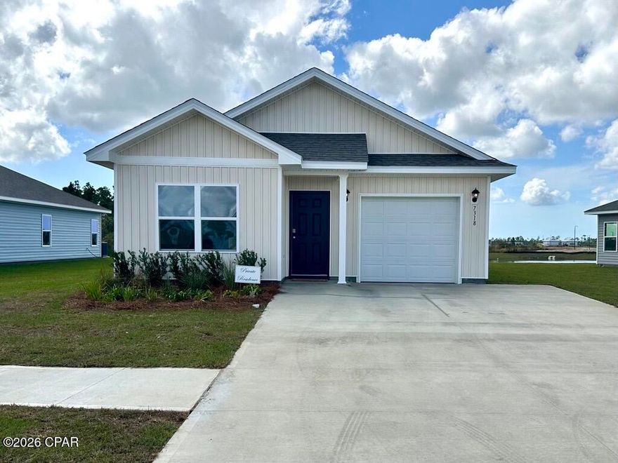 Welcome to the Poppy, a new plan located at Liberty in Panama City, Florida. The Poppy is a spacious 3-bedroom, 2-bathroom home spanning 1,281 square feet and features a single car garage. As you walk inside, you will be welcomed by the Engineered Vinyl Plank flooring which spans the main areas and bathrooms with soft carpet in the bedrooms. Upon entering, the front entrance is met with a long hallway next to the bedrooms and full bathroom next to the garage. Walking down the hallway, you'll find the natural light pouring into the open kitchen and living area, offering ample space for all your needs.

The Primary bedroom is conveniently located off the living area, providing a private retreat at the back of the home, complete with a bathroom and walk-in closet. The kitchen comes with an island for extra counter space, and you'll find stylish granite countertops in the kitchen and bathrooms seated on beautiful white cabinetry. Your new home also comes with our Smart Home Technology package, designed to elevate your living experience with elegance and modernity. This package offers unparalleled convenience, giving you effortless control over key features such as lighting automation, an IQ panel, a video doorbell, keyless front door entry, and temperature control from your smartphone.

On the outside of this popular plan, you will see durable vinyl siding, a rear patio to enjoy the spacious back yard. Sidewalks line the neighborhood streets for you to enjoy the beautiful Florida weather. Our Liberty community features underground utilities making it less susceptible to damage from severe weather leading to fewer outages and more reliable service. Residents of Liberty can enjoy exclusive access to two amenity centers, complete with two pools, a children's splash pad, two playgrounds for endless fun, a well-equipped fitness center, two pickleball courts and a basketball court to name a few things. To learn more about this home for yourself, call us to get connected today!