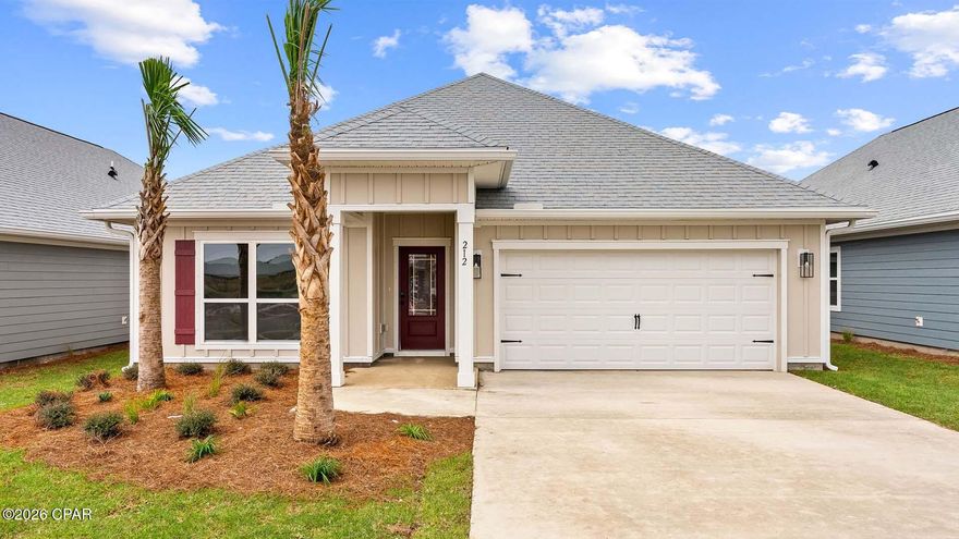 Welcome to 212 Dama Del Mar Way, a new home at Caballeros Estates at Hombre in Panama City Beach, Florida. This single-family floorplan is ready for move in and has four bedrooms, two full bathrooms and a single car garage.

As you enter this home you will find a bright entry with EVP flooring throughout the home. The foyer leads to the spacious living area that is designed for comfortable living. In the open concept living area you will find the kitchen with a center island that has space for seating. The kitchen has quartz countertops and white cabinetry for all your storage needs. A corner pantry allows space for your dry goods and small appliance storage. An appliance package is included with a stove, microwave and dishwasher.

The primary bedroom is located off the living area it features EVP flooring, trey ceilings with a ceiling fan and an ensuite bathroom. The primary bath has a dual sink vanity with quartz countertops and lower storage drawers and cabinetry. There is a separate shower and soak tub as well as a large closet for your wardrobe needs.

Each guest bedroom has EVP flooring and ample closet space. A shared bathroom has a vanity with quartz countertop and lower cabinetry for storage. Outside this home you will find a landscaped entry, 30-year dimensional shingles, and Hardie® exterior.