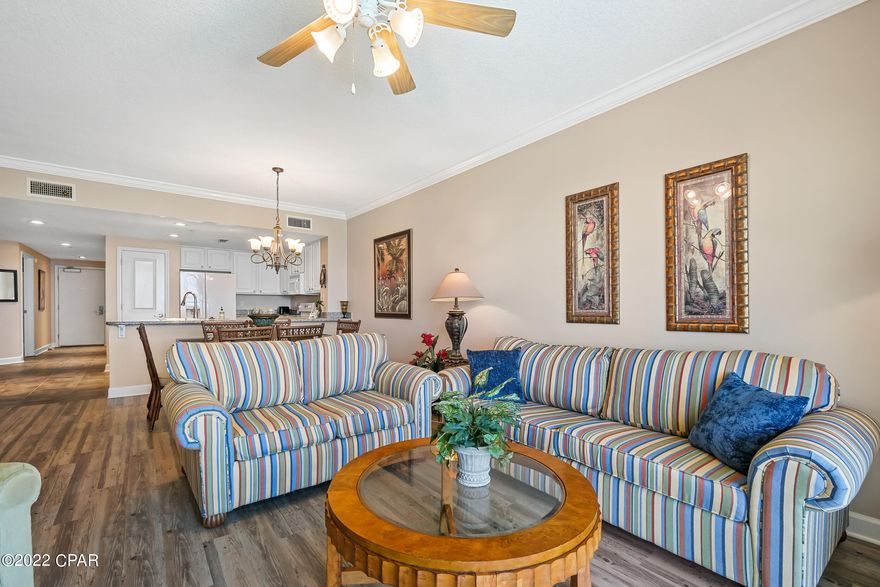 ABSOLUTELY STUNNING!! PERFECT ELEVATION! LARGE FLOOR PLAN, BEAUTIFUL! THIS IS A MUST SEE!!! Enjoy breathtaking Gulf front panoramic views from your balcony in this spacious 3bed/2bath condo located directly on the beach! Pamper yourself with the luxury and elegance you deserve in this low density development that gives you an intimate setting on the sugary white sands of Panama City Beach. Open floor plan, roomy kitchen with beautiful granite counter-tops, hard surface flooring (LVP plank), and crown molding in living area. Non rental unit in great shape! Over-sized Gulf front master and large bath with double vanities, Jacuzzi tub, and separate walk-in shower. Huge laundry room w/owner's closet. New high end glass sliders and windows and new balcony decking/railings just installed in 2016. Don't miss out on this current great price for fantastic  condo with a first class feel, strong financials and low association dues! *Room dimensions are approximate and should be verified by the buyer.*