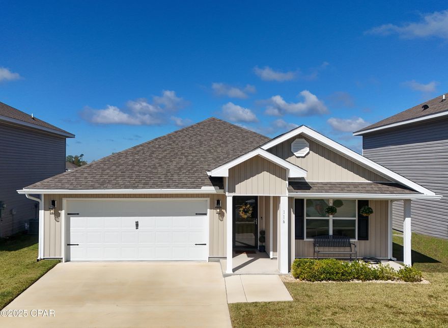 Stunning Home in Bridge Harbor - Minutes from Tyndall AFB! This beautiful 4 bedroom, 2 bath home, built in 2022, offers an inviting open floor plan with split bedrooms and modern conveniences. Inside, you'll find a spacious kitchen with generous counter and cabinet space, an island with a breakfast bar, beautiful countertops, and a large walk-in pantry. The master suite easily fits king-size furniture and features an en-suite bath with a soaking tub, separate shower, double vanity, and a walk-in closet.  Enjoy outdoor living with a covered front porch, a screened-in back patio, a front glass storm door to enjoy added natural light, and a partially fenced yard overlooking a serene pond. Located in the sought-after Bridge Harbor community, this home offers access to sidewalks, underground utilities, elegant entryways, and a resort-style pool complete with grills and a fire pit.  You will be conveniently located just 10 minutes from Tyndall AFB and close to schools, shopping, and dining. This home can also come partially furnished. Affordable HOA.  Call today for your private tour!