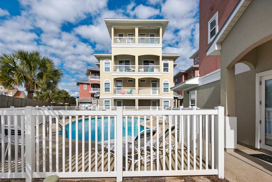 Beautiful Casa Del Mar home located on the desirable west end of Panama City Beach. Just minutes from Pier Park to the east and Scenic 30A to the west. This 3 Bedroom 3.5 Bath 4 Story home has a private elevator and large double garage. Gulf water views from the balconies and just a short walk to the sandy beach. It is completely stocked and decorated and rental ready. Closest home to the pool makes it the most attractive rental home in this intimate development. All baths updated with granite. Smart thermostat. In Home Sprinkle System. Full Size Wash/Dryer.Outside Hot & Cold Shower. VERIFY all important measurements and details.