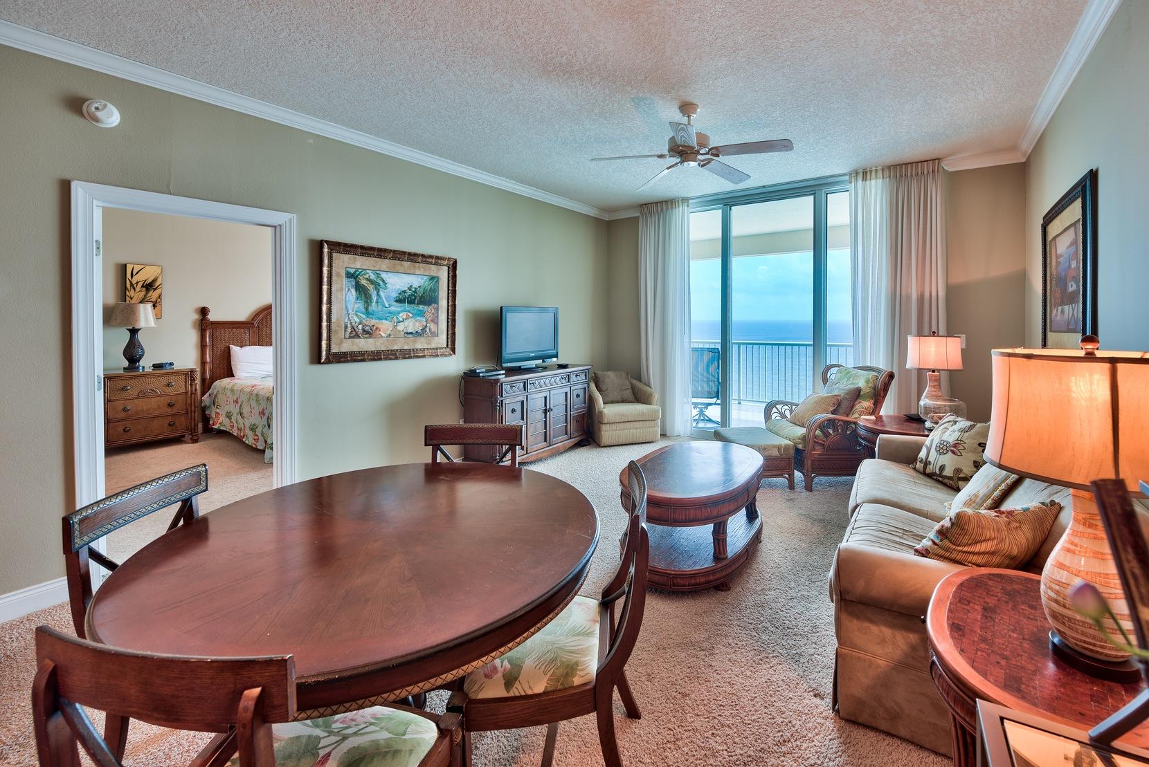 Beautiful 2-bedroom, 2-bath Gulf front unit at Palazzo with a Gulf front master bedroom and an additional bonus or bunk room. Two bedroom units do not come on the market often and will not last long! This unit is fully furnished & decorated and the Gulf views are incredible from the top floor. Interior features an open floor plan, crown molding and raised ceilings. The glass sliders are very high quality with tinted glass. The floor to ceiling windows & glass doors truly maximize the Gulf views and the balcony is very spacious totaling 253 sq. ft. There are tile floors in the entry, kitchen, living area and bathrooms and carpet in the bedrooms. The open kitchen features stainless steel appliances, beautiful granite countertops & breakfast bar and recessed lighting with plenty of storage.
