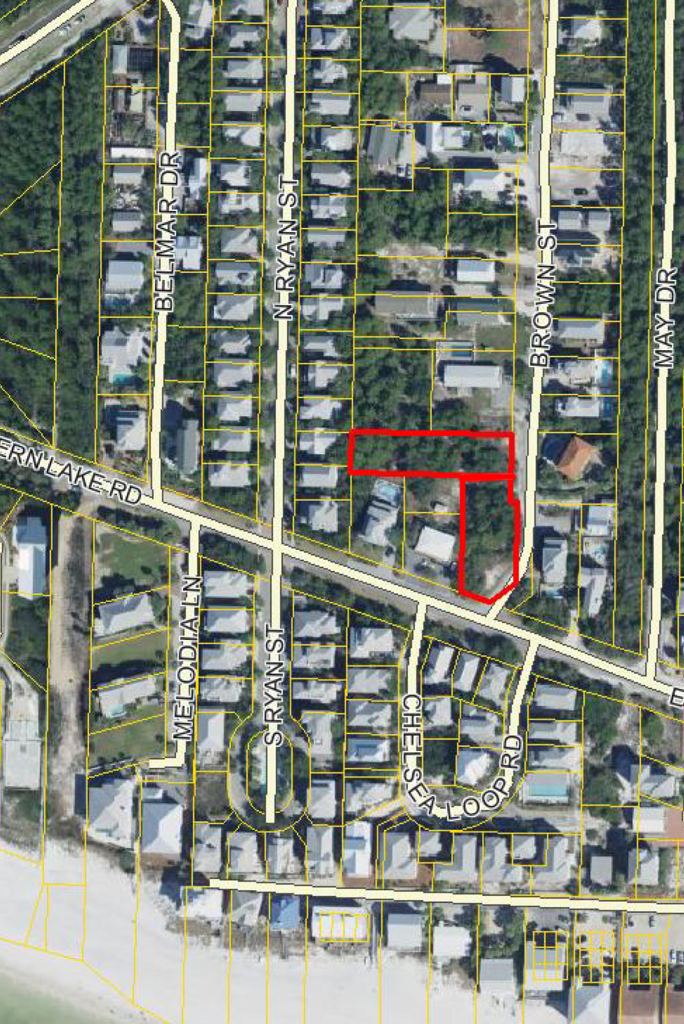 South of 30-A on the corner of Eastern Lake Rd. and Brown St. The original half acre flag shaped lot is in the final stages of being split into two lots. Lot #2 is the Southern most section. This lot has plenty of room for a nice home and pool. Possible gulf views from a multi-story home. Enjoy close proximity to the beach in this quiet neighborhood with NO HOA Fees or Build-Out Time. Two Beach accesses within easy walking distance, one being the popular Eastern Lake Beach Access. As Always Buyer to verify dimensions and information.