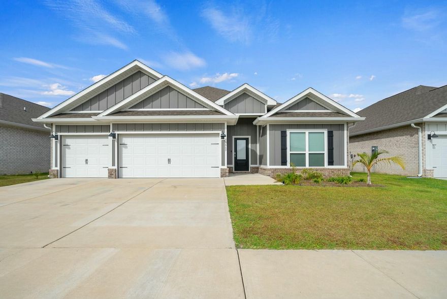 SELLER TO PAY OFF SOLAR PANELS OFF AT CLOSING, save big with solar!!! Welcome to 3065 Rachel Place, featuring THE ONLY DESTIN floor plans available in the desirable neighborhood of Hodges Bayou. This 4-bedroom, 3-bath, 3-CAR GARAGE home offers 2,300 square feet of ample living and entertainment space without compromising privacy--a MUST SEE FLOOR PLAN! This home boasts special external features such as brick and hardie siding, gutters, and a privately fenced yard, features not all DR Horton homes include. Upon entering the home, you'll notice the 9-foot ceilings and beautifully engineered vinyl plank flooring that lead into the open living, kitchen, and dining areas. The kitchen is equipped with stainless steel appliances, granite countertops, .... and a spacious pantry with a coffee bar. Freshly painted in soft hues, the home exudes a stylish yet classic vibe. Bedrooms feature plush carpeting and are positioned for privacy. The primary suite offers 10-foot tray ceilings, an ensuite with double vanities, a soaking tub, a separate shower, and a large walk-in closet. Outside, enjoy a covered patio for grilling and a spacious fenced-in yard perfect for kids, pets, and guests. This home also has a 5.5% ASSUMABLE LOAN plus awesome MONTHLY SAVINGS WITH SOLAR! ------- LOCATION: 3065 Rachel Place is a short 5-minute drive to Lynn Haven's waterfront Bayou and Preserve Park, an area with trails, playgrounds, kayak launches, and disc golf. Hodges Bayou is conveniently located near HWY 231 and HWY 77 and is an easy 20-minute drive to NW Florida International Beaches Airport (ECP), and a 30-minute drive to both Panama City's world-famous beaches and Tyndall Air Force Base.