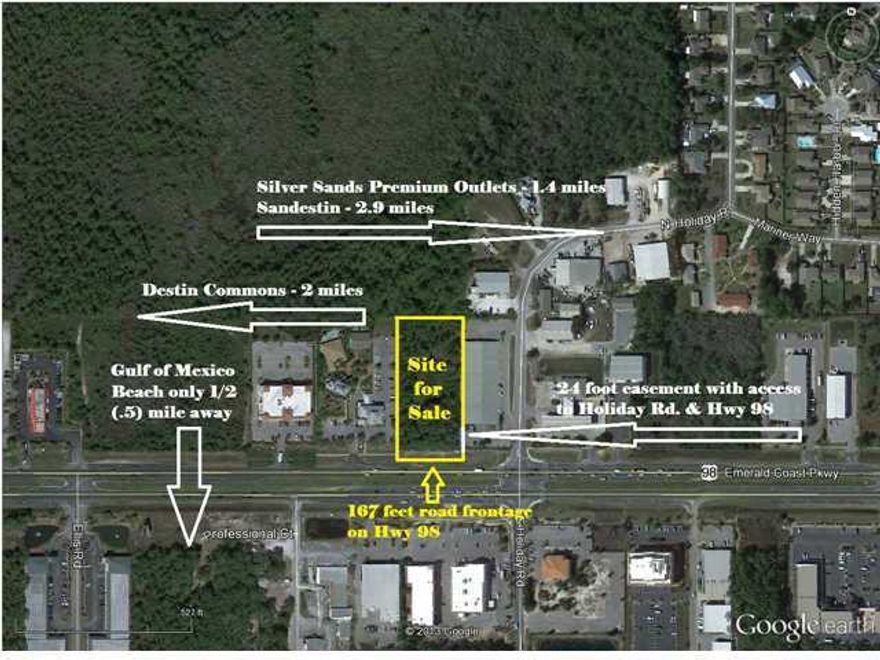 Owner still taking back up offers. 1.533 acres of land 400 feet deep with 167 feet of road frontage on Emerald Coast Parkway with a high traffic count. Property is zoned Coastal Center which allows for a variety of commercial uses. Per the seller property comes with a 24 foot easement to the property line on the east side (currently Smith's Antique) thus access to a traffic light on the corner of North Holiday and Hwy 98.