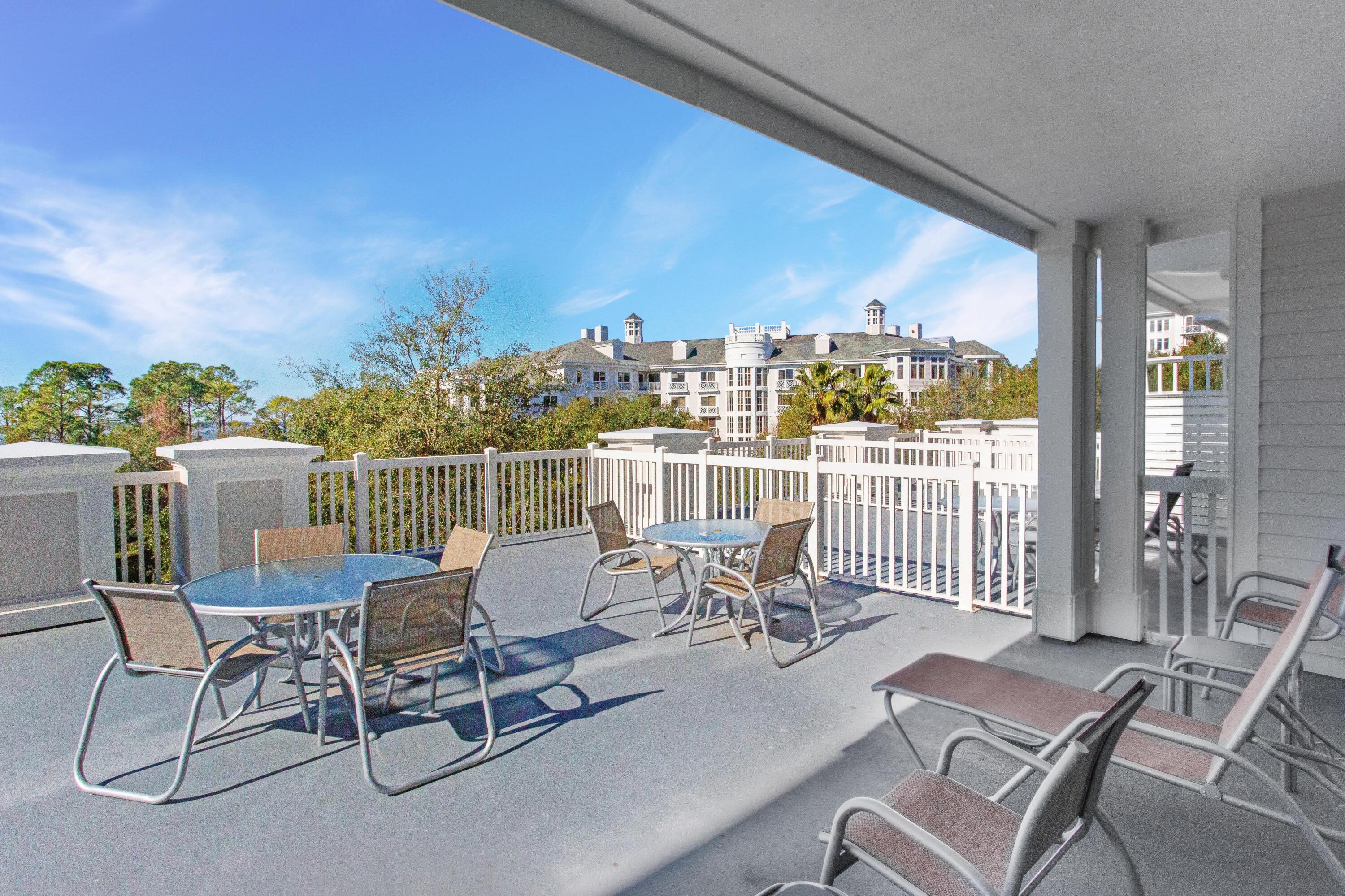 Rare oversized balcony with an abundance of space to entertain and take in relaxing tranquil views of the Grand Courtyard and the Choctawhatchee Bay. The open floor plan has luxury vinyl flooring throughout making for easy care and maintenance and a fully equipped kitchen offering subway tile backsplash and stainless steel appliances. The sleeper sofa and full bath comfortably accommodate extra guests to maximize rental potential. The master bedroom features a king size bed and en suite bath with double vanity. In the studio you have two queen beds, full bath, kitchenette complete with sink, mini fridge, and microwave, and again a rare oversized balcony. This condo offers plenty of storage with an owners closet and storage cage.