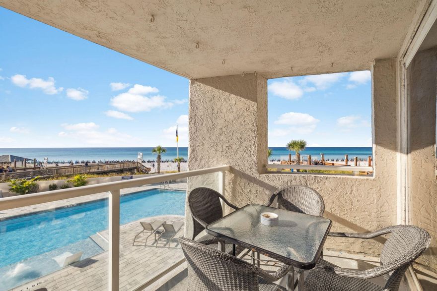 Experience the serenity of gulf views and pristine white sand beaches right from your very own private condo! Nestled on the second floor, this charming two-bedroom, one-bathroom haven boasts a fabulous view overlooking the brand-new pool to the Gulf of Mexico, setting the stage for easy mornings with coffee on the balcony, or an evening cocktail  before dinner. The entire pool area was recently reimagined and newly constructed, offering a fresh coastal retreat ready to be enjoyed for years to come. With convenient beach access via the condo's boardwalk and a relaxing pool deck just steps away from the dunes, you're moments from indulging in our renowned white sandy shores.Inside, discover a cozy and inviting ambiance with an open floor plan seamlessly connecting the living, dining,  and kitchen areas, complemented by incredible floor-to-ceiling views through sliding glass balcony doors. Recently refreshed, this condo presents a coastal chic new look and eagerly awaits its new owners. Sold fully furnished and rental ready, this property is an excellent investment opportunity, a perfect vacation retreat, or an ideal full-time residence.
Along with the stunning new pool area, Beachside Two Condo just finished an exterior and  interior common area renovation, ensuring a superbly maintained and appealing environment for all residents. Sandestin Golf and Beach Resort features abundant amenities including 5-Star golf courses, tennis, biking and hiking trails, a 113-slip marina, and the exciting Baytowne Wharf for restaurants and shopping. The ever-growing Grand Boulevard Town Center featuring great restaurants, retail shopping, Starbucks, a movie theater, and Publix Grocery is a short golf-cart ride away.
