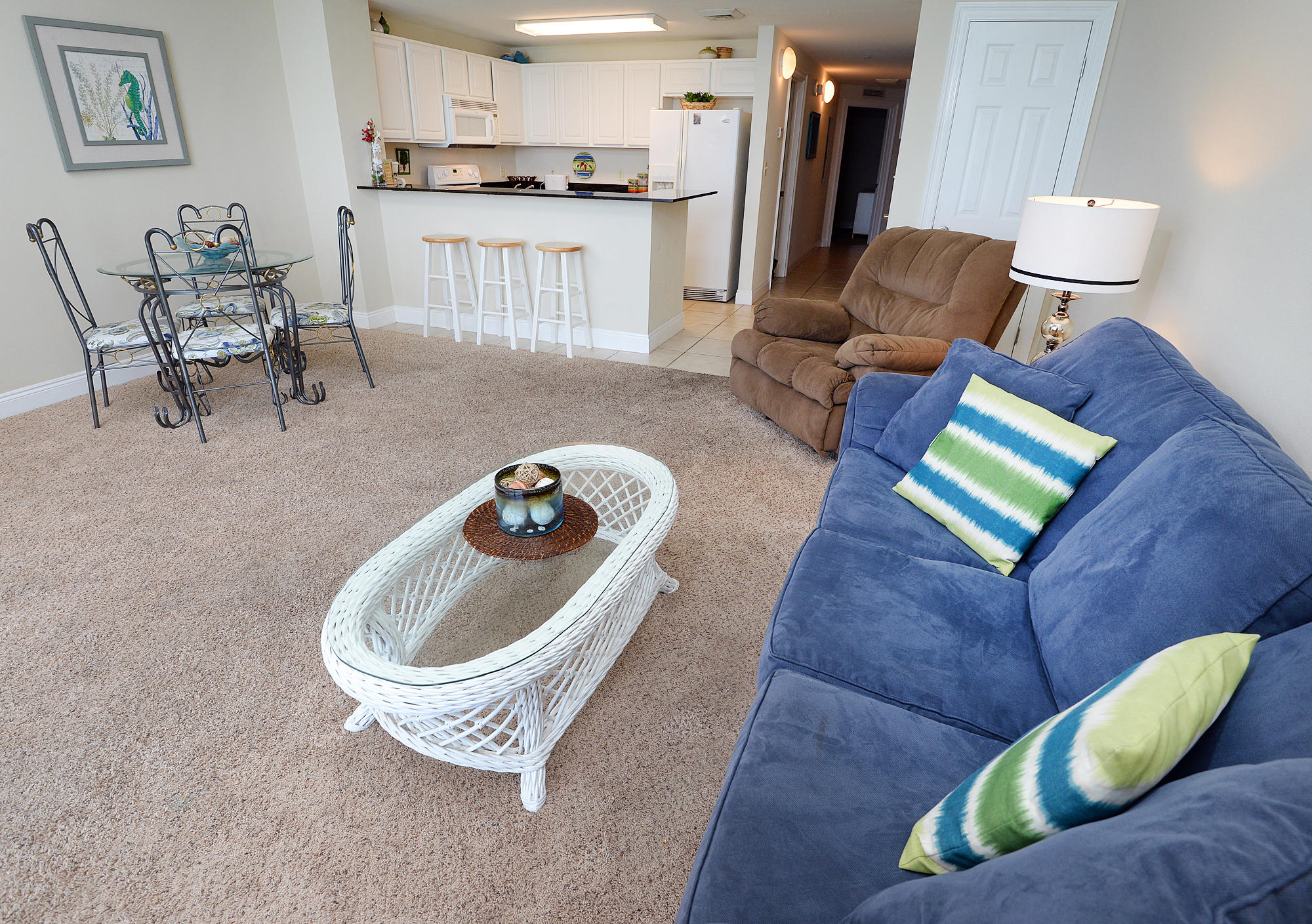 The 1BR/2BA plan at Calypso remains one of the most popular rental condos near Pier Park. Featuring a large living area and bunks in the hall, you can sleep 6 people comfortably and have two FULL baths to share. Calypso is the ONLY condo with direct walking access to Pier Park and remain an extremely popular condo for rentals. This unit is being offered fully furnished and ready to rent. Call today for more details.