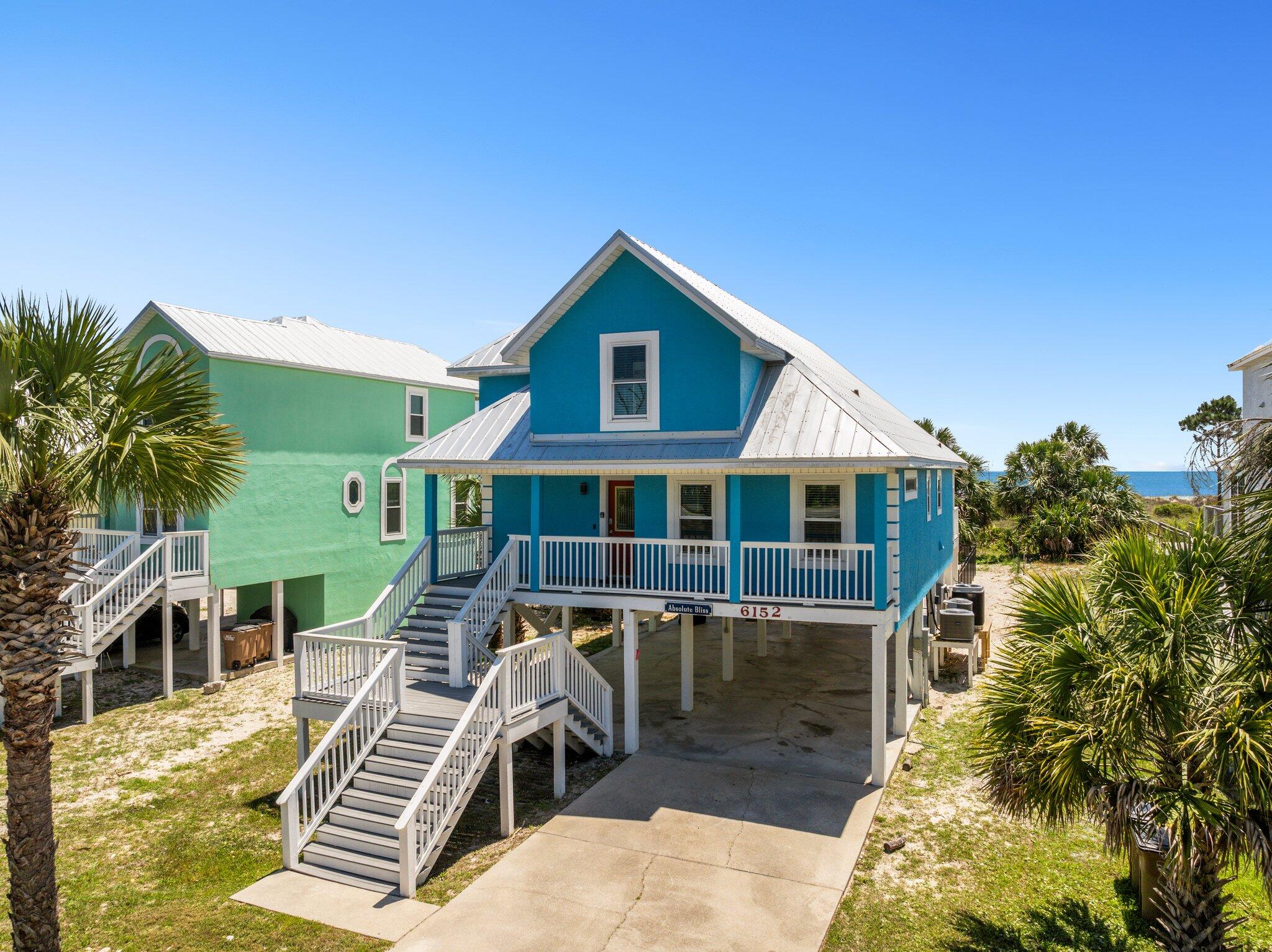 Gulf Front Home that checks all the boxes at a great price point. This furnished and rental ready home is located on a stable beach between Cape San Blas and Indian Pass in one of the few FEMA eligible Federal Flood insurance optional areas in South Gulf County. Newly installed heated pool in 2024 with brick paver accents, affords one to have beach days and climate controlled pool evenings. Did we mention location? Only 350' from Gulf County access for all of your beach driving toys or 1000 feet from the pickle ball courts located at Salinas Park. MAIN FLOOR- Open floor plan on the main level with living, dining, and kitchen areas that open onto a large open deck. The large open deck has beautiful unobstructed gulf views with easy access to the pool and beach path. Master King Bedroom with en suite bath, additional Bedroom, shared hall bath, and convenient laundry closet. TOP LEVEL- Beachfront Queen Bedroom, bunk bedroom, with shared hall bath. Good rental returns for 2023 and 2024 with good upside with the addition of the pool. Please take a look at our 3D attachment for an interactive walk through experience. By appointment only. Some dimensions were obtained from the Gulf County Property Appraiser's website.