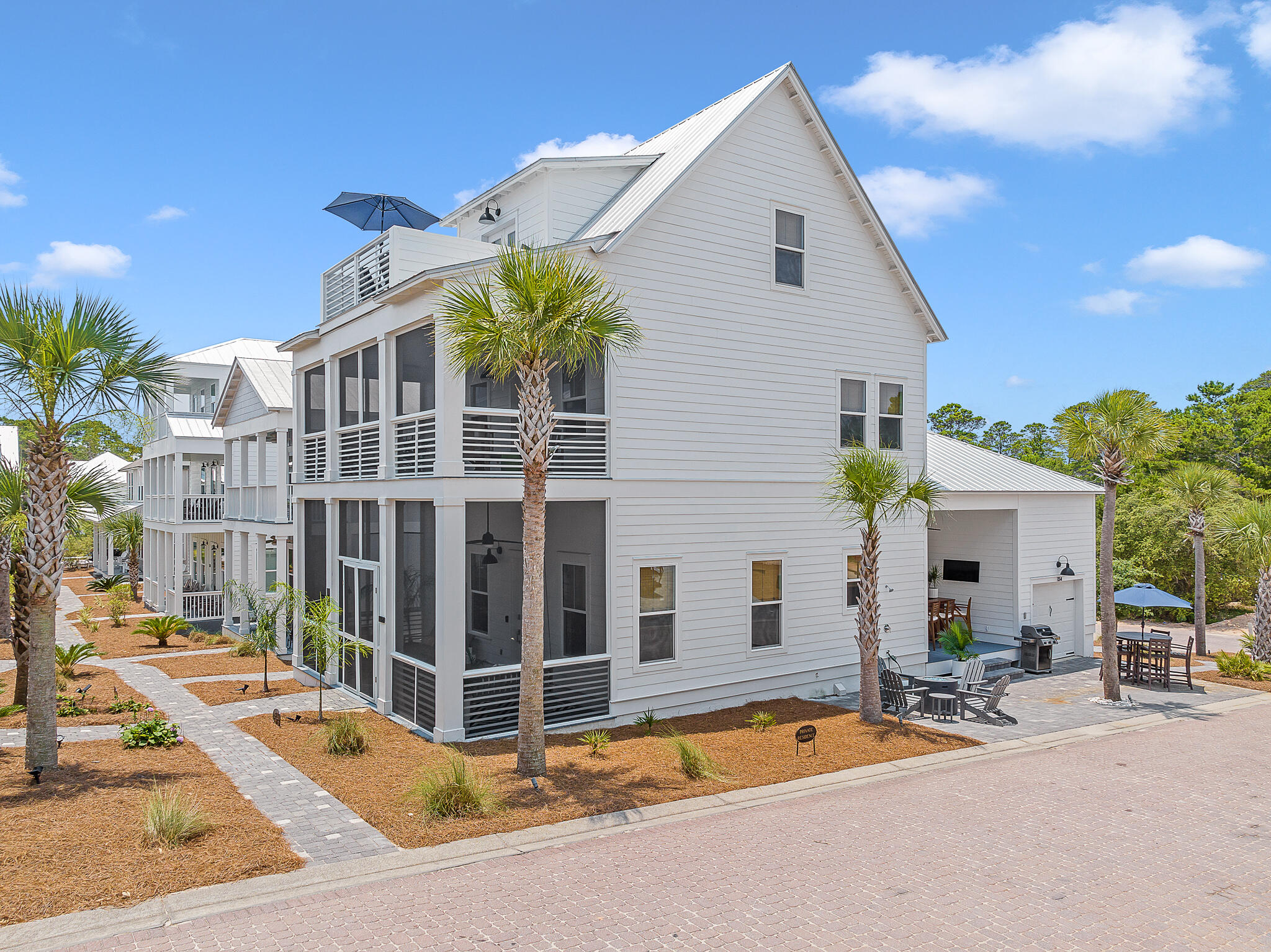 Welcome to this stunning custom-built luxury home, nestled on a corner lot, located just a short stroll from the beach. This tastefully decorated, never rented residence offers an array of desirable features, including 12-foot ceilings on the main level, designer upgrades, and ensuite bathrooms in all bedrooms. The oversized third-floor bonus room is a versatile space that can be transformed into a home office, media room, or guest suite providing endless possibilities to suit your lifestyle. This home hosts an abundance of outdoor living spaces, including a covered patio, two southern-style double-depth porches, paver patio, complete with a third-floor tanning deck! Community pool, providing the perfect retreat during warmer days.