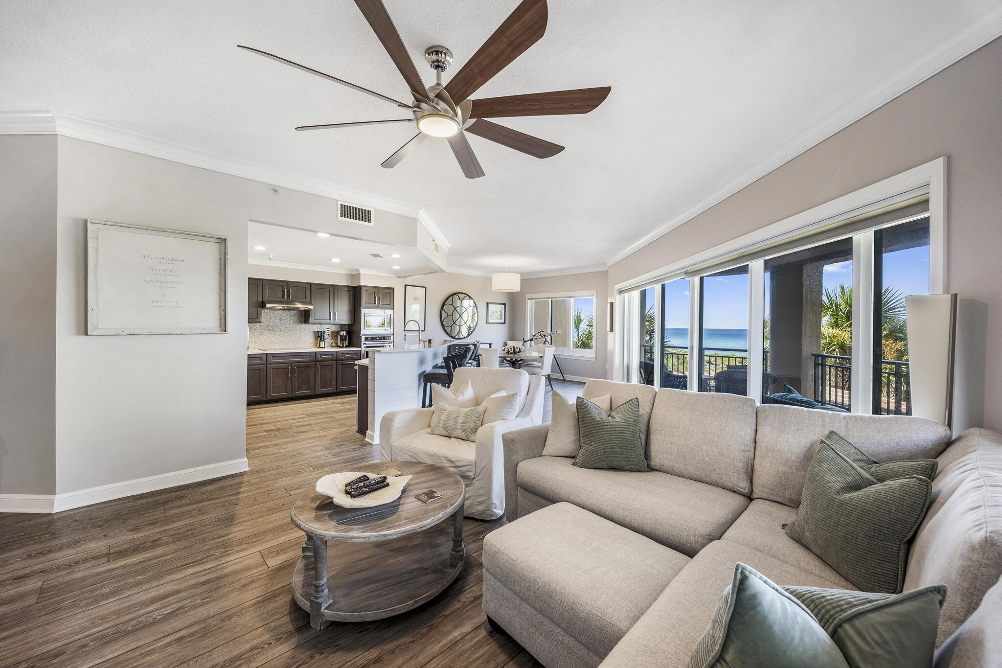 Elevate your coastal lifestyle in this fully renovated 3-bedroom, 3-bath condo in Southwinds, one of Sandestin Golf & Beach Resort's most prestigious non-rental communities. Located on the third floor, this exquisite residence showcases breathtaking Gulf views and quick access to a private beach walkover, creating a true beachfront sanctuary. The interior is thoughtfully designed with custom cabinetry, quartz countertops, shiplap accents, automated window treatments, durable luxury vinyl plank flooring, and elegantly updated bathrooms. The spacious wraparound balcony spans 251 sq ft and is accessible from both the main living area and the primary suite, offering sweeping views of the Gulf, resort-style pool, and manicured courtyard leading to the private beach boardwalk. Each bedroom is generously sized, including two with en suite baths. The third full bathroom, accessible from the hallway and third bedroom, is ideal for guests. The primary suite features a large walk-in closet, dual vanities, and a beautifully tiled walk-in shower. Offered fully furnished with high-end pieces and minimal exclusions, this turn-key home promises effortless ownership and immediate enjoyment.
Southwinds residents enjoy an array of exclusive amenities: a heated pool and hot tub, private beach access with chair and umbrella service, a personal storage locker, and both covered and open parking. Additional conveniences include garage bicycle storage, paddle board storage (available for a monthly fee), and designated golf cart parking with permits issued by the association.
Beyond the residence, enjoy beachfront dining at The Beach House, indulge in spa treatments at Serenity by the Sea, or explore the bay side of the resort via tram, golf cart, or bike using the dedicated underpass beneath Highway 98. Sandestin's 2,400-acre gated resort offers a full spectrum of lifestyle experiences: championship golf courses (3 public, 1 private), 15 tennis courts (12 HydroGrid clay), 6 pickleball courts, a 233-slip marina, world-class fitness center, and an award-winning spa.
Entertainment and dining abound at The Village of Baytowne Wharf and Grand Boulevard, both accessible without leaving the community. Whether you seek a serene full-time residence or a luxurious vacation retreat, this Southwinds condo embodies the best of Emerald Coast living. Discover a place where the pace slows and every day feels like a getaway.
