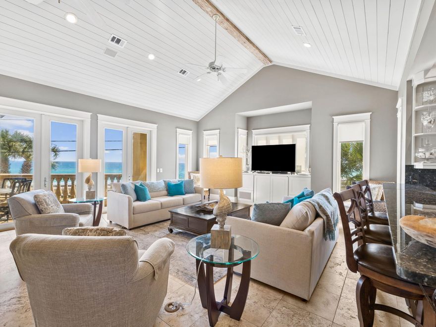 Imagine having a vacation home with sweeping views across Scenic Hwy 98 towards the beautiful white sandy beaches and Gulf of Mexico. This elegant Mediterranean-style home is set on private landscaped grounds that include an alluring swimming pool and sun deck. Step through the door of this impressive two-story home and appreciate the quality finish throughout. The first floor has a spacious family room with a sitting area, mini kitchen, wet bar and desk area. Two guest bedrooms each have their own ensuite bathroom and access to the patio and pool area. There's also a large bunk room for five that could be used as a media room, home gym or game room.