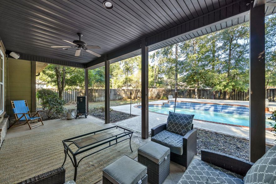 Single story living with a private pool right in the heart of Freeport! This home is located in The Canopies and has much to offer.  In addition to the pool, the property also features a fenced in back yard and two covered porches- front and back.  Open concept living area with split bedroom floor plan. 3 bedrooms and 2 full bathrooms.  Luxury vinyl plank flooring has been installed in the main areas of the home and in the master bedroom.  The kitchen offers granite countertops, stainless steel appliances and breakfast bar.  Generous sized master bath which includes a double vanity with sitting area, jetted tub, walk-in shower, large walk-in closet as well as two additional closets.