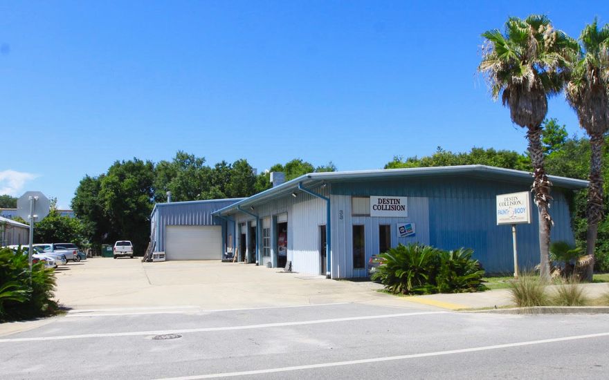 Existing 6828 SF Warehouse / Collision Center centrally located in West Destin along Mountain Drive. This clean facility is currently being used as Destin Collision & Repair. The property has 8 roll up bay doors along with tall ceilings, large open spaces, three small offices and one restroom. The parcel is 100' x 200', (.46 acres) with a large parking field. The zoning within the City of Destin is North Harbor Mixed Use.