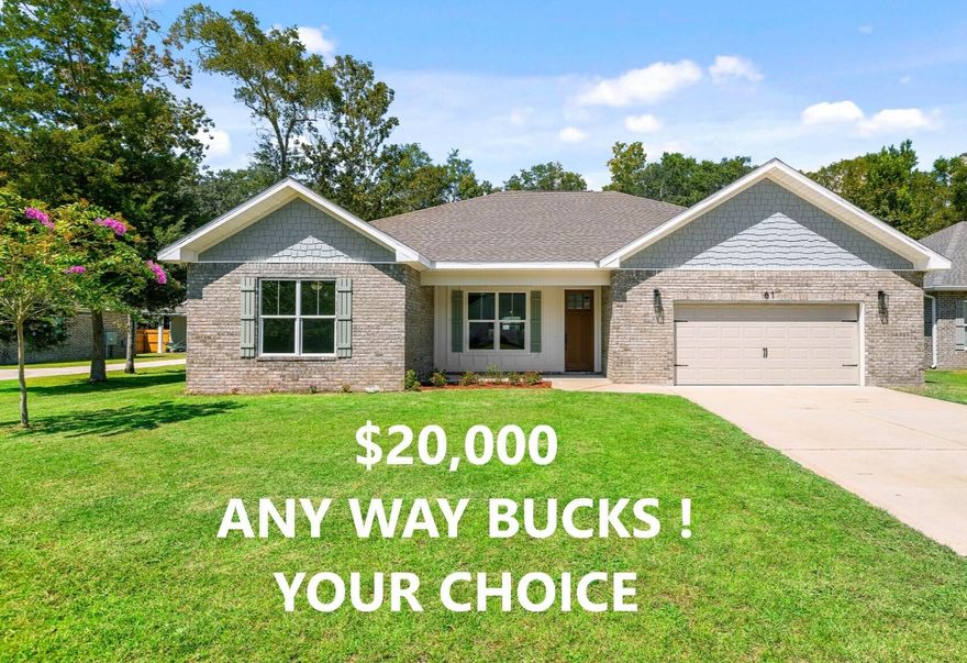 $20,000 ANY WAY BUCKS--down payment, closing costs, rate buy-down, or price cut. You choose!! ONLY 4 miles from Niceville and a quick drive over the Mid-Bay Bridge to the stunning Destin beaches. This custom-built home showcases high-end designer finishes and a spacious open-concept layout that enhances its elegant feel. The gourmet kitchen is a chef's dream, featuring custom cabinetry, luxurious white quartz countertops, large island, pantry and top-tier finishes throughout. The primary suite offers a spa-like retreat with a large walk-in Zero Entry shower, private water closet, & oversized walk-in closet. Of the four generously sized bedrooms, three include their own walk-in closets, providing ample space and storage for the whole family.  Covered front and back porches prov Large open Living room and Kitchen design.  Perfect for the small or large family. 
Located in a brand-new subdivision with underground utilities, it sits on a quiet, family-friendly dead-end street. For boating enthusiasts, it's only a block from the boat ramp and Choctawhatchee Bay.