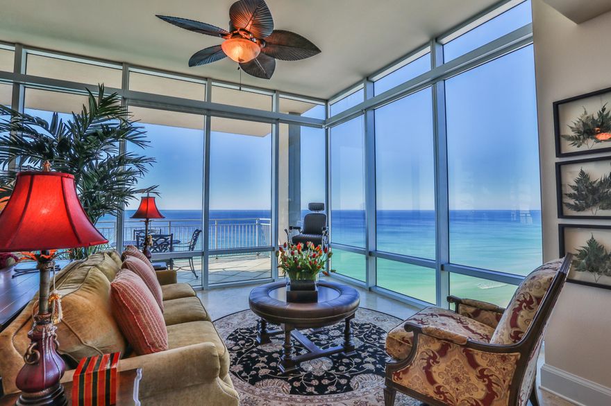 SUPER EASY SHOW! This is without a doubt, THE MOST BEAUTIFUL outstanding beach view in all of Destin-bar none. Top floor panoramic views from this ultra luxurious 11th floor Penthouse with 12' ceilings! When size matters, you will enjoy this sprawling 3,300sf 4br/4ba floorplan of pure luxury and comfort. WOW factor floor to ceiling glass walls to the south and west create a jaw dropping backdrop of the glorious sparkling expanse of the emerald waters of the Gulf. There is NO comparison. Upgrades are everywhere throughout this mega unit. Black granite countertops in the custom gourmet kitchen with center island,huge bar and wet bar area. Upgraded stainless appliances -a real dream kitchen. Large living area offers two separate seating areas and DR with inspiring views in all directions.