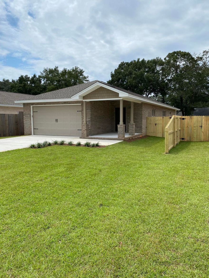 Brand new construction in Niceville!  This 3-bedroom 2 bath house is 1,960 square feet located on a tree lined street and just a hop, skip and a jump to Bluewater Bay Elementary.  Interior features of this home include LVP flooring throughout (except for two of the bedrooms which are carpeted), center island, stainless steel appliances, white cabinets, granite countertops, tile backsplash, walk-in pantry, and large laundry room.  Two bedrooms and bath are located in the front of the house with the master bedroom in the back for maximum privacy.  Very spacious fully fenced backyard with irrigation and room for a pool.  Conveniently located to Eglin Air Force Base, and a short drive over the Mid-Bay bridge to the beaches of Destin.