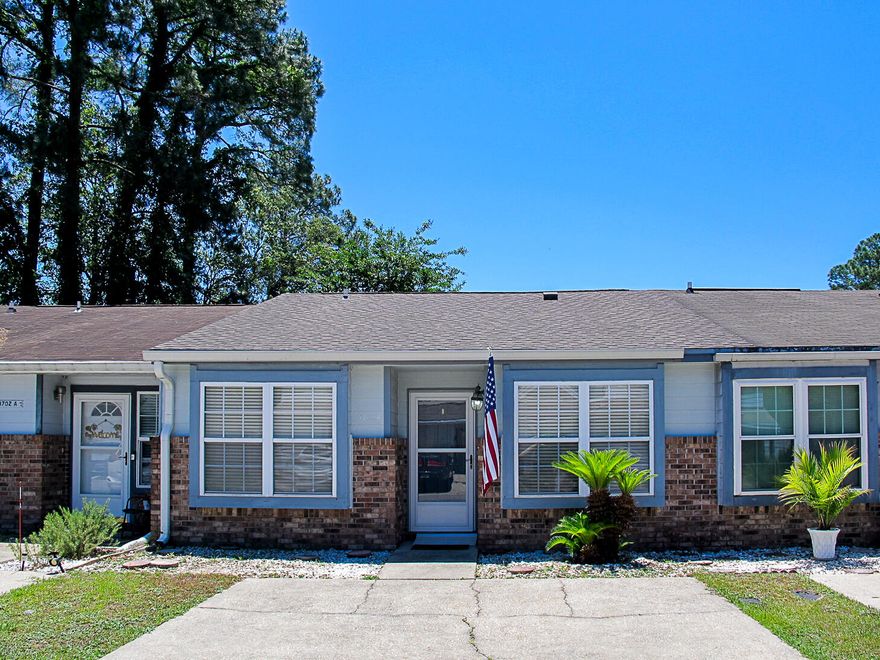 NOTE: Sellers are accepting backup offers. Welcome to this charming one-story townhouse with 2 bedrooms and 2 full baths! Many newer upgrades including a nearly new smooth-top GE range and Whirlpool washing machine (which conveys with the dryer as well), 2019 roof, 2018 water heater and 2016 HVAC. Efficiently laid out with common areas on the right, and bedrooms and baths on the left. Large windows bring in lots of natural light, with the special touch of twin bay windows in the front. The backyard feels like a 'secret garden' with lovely rosebushes and a large shade tree, perfect for enjoying your morning cuppa or favorite evening beverage on the open patio.As you enter, on your right is the sunny dining area next to one bay window. The kitchen features granite...(keep reading) ... counters and a tile backsplash, along with the new range. Beyond that is the living room where the cathedral ceiling and sliding glass doors accent the spaciousness. A back door leads to a nice-sized laundry room with plenty of shelving. In the hallway there are two closets (one with the water heater) offering additional pantry/storage space.

The primary suite combines bath and bedroom, with wood-look laminate flooring in the large bedroom. The primary bath contains a tub/shower and toilet in a separate room for privacy, with the solid-surface vanity just outside. The bright front bedroom features the second bay window, and is the only carpeted room in the house. The hall bath provides a large, low-entry shower stall with a grab bar, and the black cultured marble vanity counter adds an elegant touch. A linen closet offers yet more storage.  

The backyard is a delightful space, privacy-fenced with a small open patio and blooming rosebushes. A tall shade tree (I think it's a crape myrtle) graces the yard without crowding it. There is also an exterior door accessing the laundry room from the patio. 

The house feels larger than its 908 square feet, which does not include the laundry room as it is not heated and cooled. Buyers should verify all information of importance. Schedule your showing today!