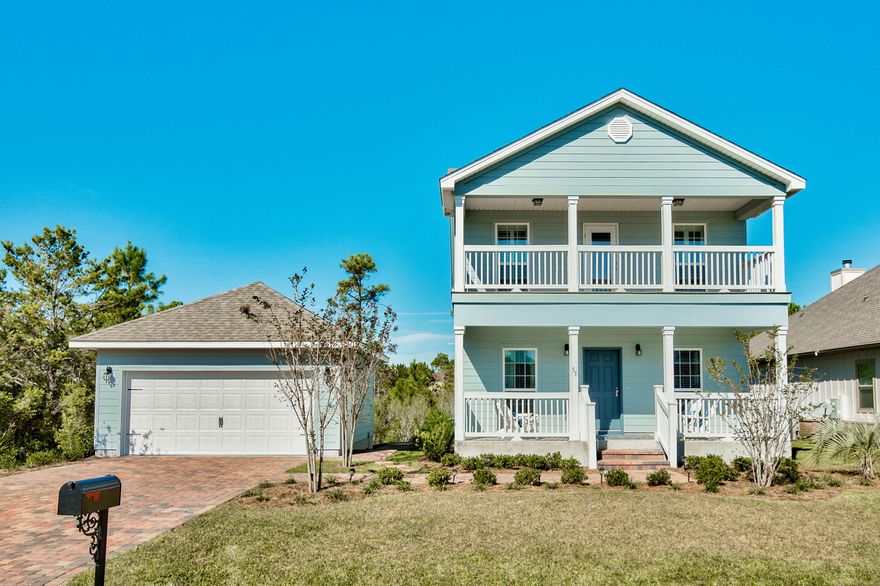 MOTIVATED SELLER- Lovely Florida cottage just 2 years old is located in the heart of Cypress Breeze Plantation just steps from the pool, and a quick walk away from the beach. with over 300+ square feet of covered porches. Includes upgrades, including hardwood floors throughout, crown molding downstairs, kitchen w/granite counters with extensive cabinets, glass tile backsplash and stainless appliances. Locally sourced chandeliers are in the living and dining areas. Downstairs all windows with floor length draperies. Heading up the stairs leads into a large landing area ideal for a den or office space with laundry area adjacent. Two guest bedrooms and full bath located off the landing. The large master bedroom has a walk in closet, two vanities, tiled shower, private balcony.