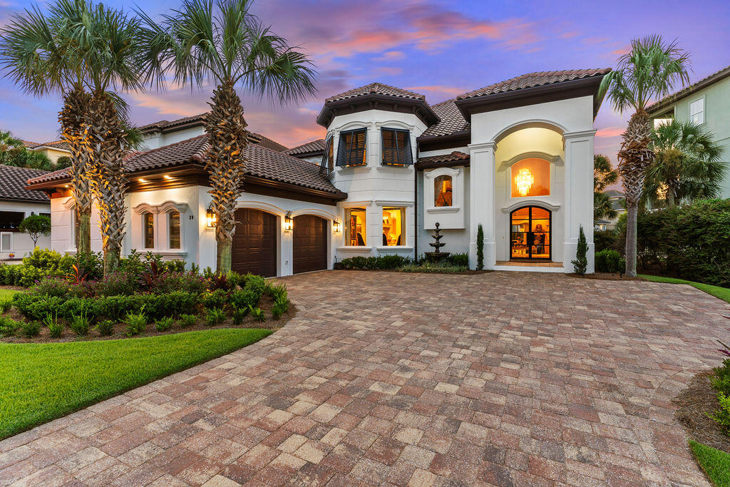 Exquisite turn-key Mediterranean style beach home located in the gated community of Destiny East. This home comes fully furnished, including all window treatments, bedding, kitchenware, and a 2017 6-seater Golf Cart. View the virtual video to appreciate the owner's attention to every beautiful detail and recent upgrades. Upon entry, the first floor features a bright living space with a fireplace, a game room, a dining room, a gourmet kitchen, a bar, and a guest bedroom with a full bath. All rooms boast high ceilings and custom millwork. The large gourmet kitchen includes granite countertops, a breakfast bar, a Viking refrigerator, and quality appliances. A private pool is accessible off the living area. The second level offers the primary suite with an elegant primary bath, a gas fireplace, a sitting area, two walk-in closets, and a doorway to the second-level balcony. Additionally, three spacious guest bedrooms, each with private baths, are located on this level. These rooms also feature beautiful finishes, custom millwork, and high tray ceilings. Home has been used as a second home. The second-level balcony is easily accessible by guests. Destiny East is a gated community with two access points: north off Hwy 98 and south off Scenic Hwy 98. The community is convenient to the Destin Airport, championship golf courses, restaurants, shopping, minutes to The Commons and Grand Boulevard. The best part ~ White Sand Beaches of Destin! Buyer to verify all dimensions.