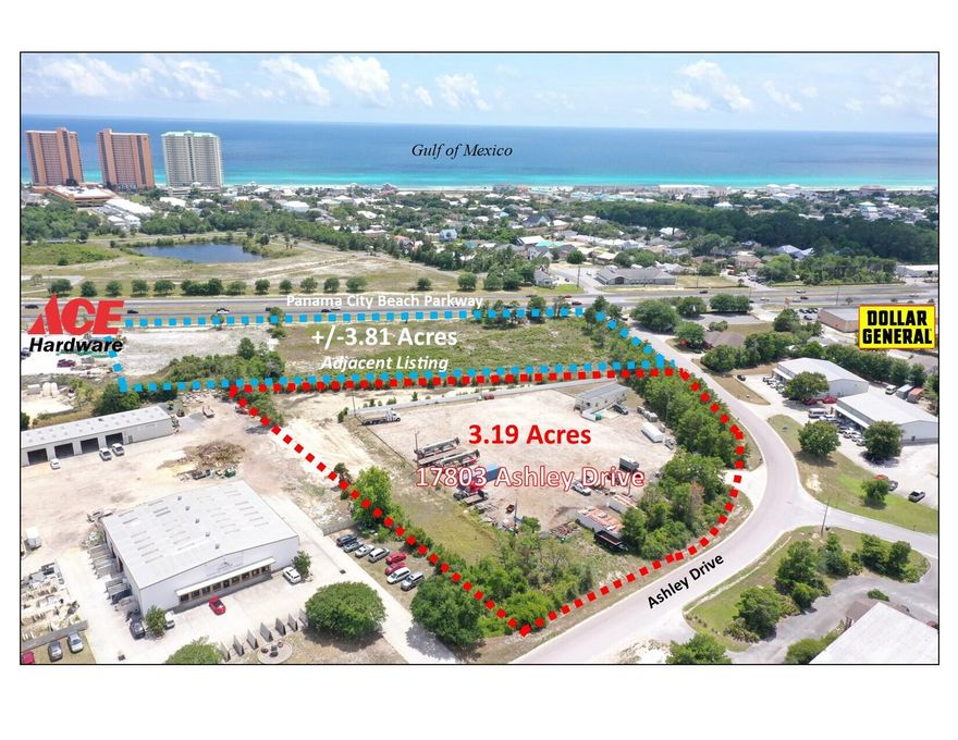 3.19 Acres for sale in Beach Commerce Park. Zoned M-1, Light Industrial in the City of Panama City Beach, which allows for most commercial uses. High elevations and no wetlands. The property has been cleared and has been used as a secure storage yard for Southway Crane. The property backs up to an adjacent 3.81 acre parcel on Panama City Beach Parkway that is also available for sale. The combined parcels would be +/-7 acres of high & dry land at the northeast corner of Panama City Beach Parkway and Ashley Drive. Aerial photos and site photos coming soon. Call for further details.
