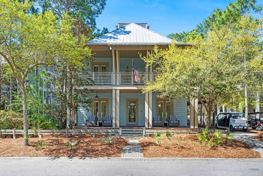 Nestled in the Forest District of WaterColor's Phase II, 114 Pine Needle is a stunning 6-bedroom, 6.5-bathroom cottage blending classic Florida charm with modern comfort. Bright white walls, cheerful furnishings, and coastal blue accents create a warm, inviting atmosphere. Five bedrooms feature en suite baths, with ample space for any group. The 2nd floor entertains with a huge open living area, kitchen, and dining that spills onto a 34' wide deck overlooking the private preserve. The 3rd & 4th floors offer a kids/sitting room and tower with mini kitchen--perfect for sunset views. Three sitting areas and five spacious porches ensure relaxation and connection for large families. Conveniently near Camp WaterColor and a short bike ride to the Gulf Front Beach Club with 3 pools along the Gulf Golf Cart included 